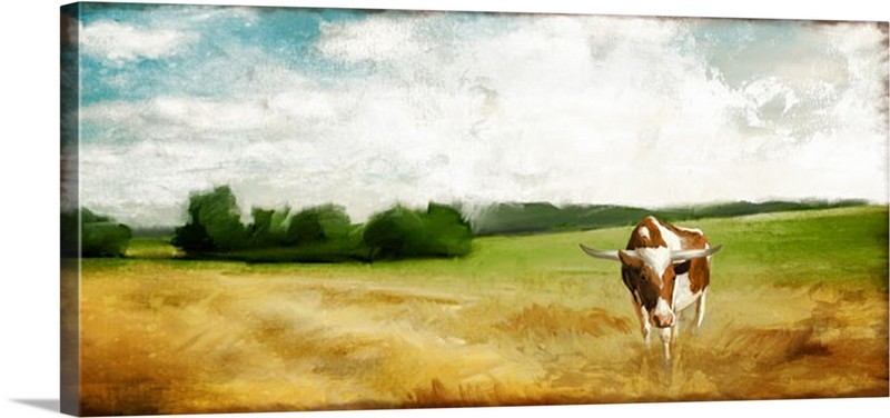 Brown Cow In Field Gallery Wrapped Canvas 48x12