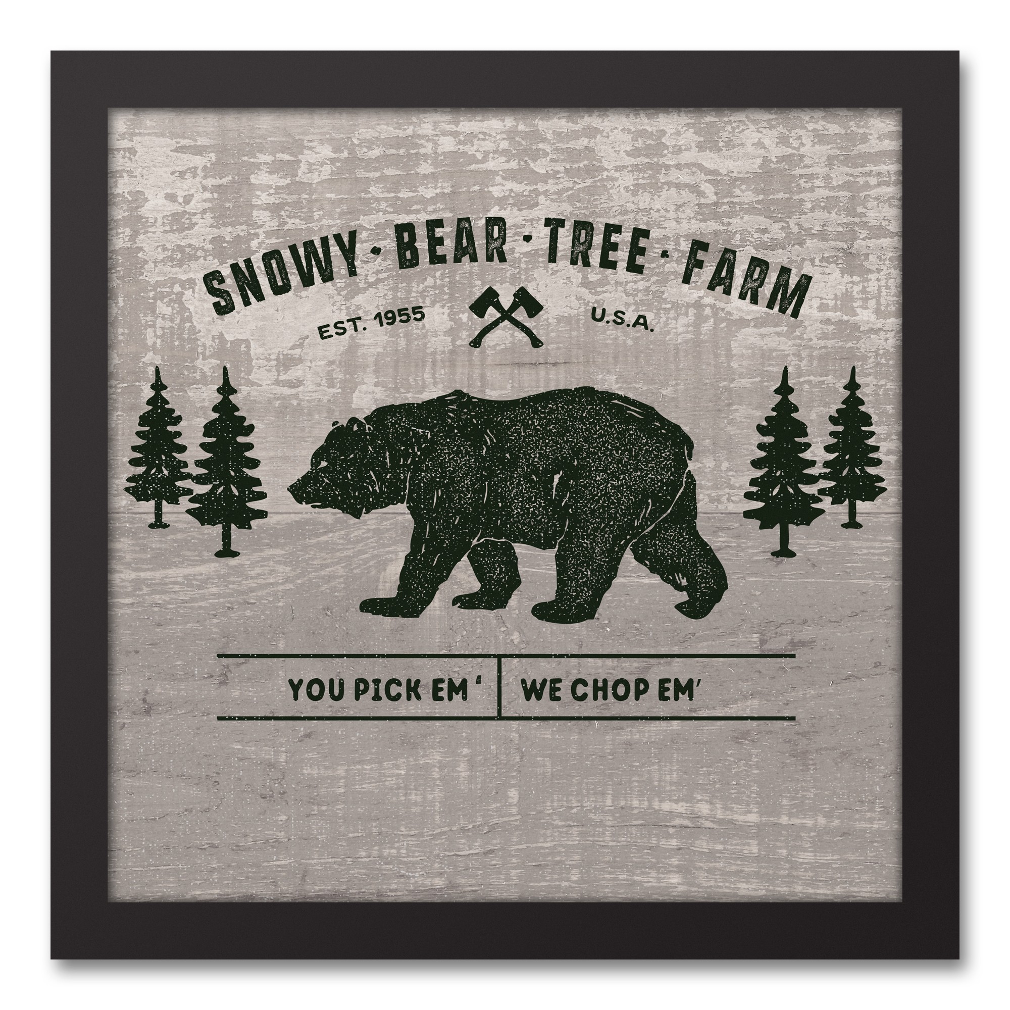Snowy Bear Tree Farm 12x12 Black Framed Canvas