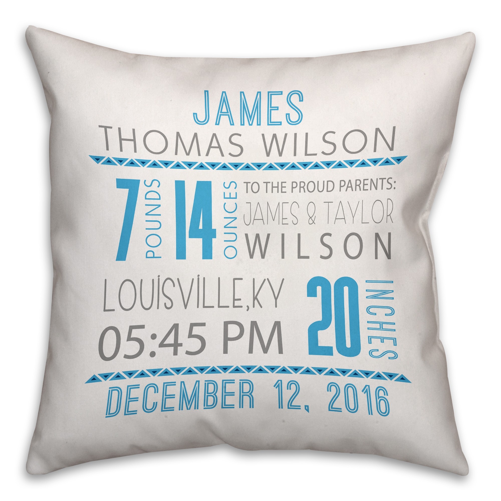 Blue Birth Announcement 16x16 Throw Pillow Front