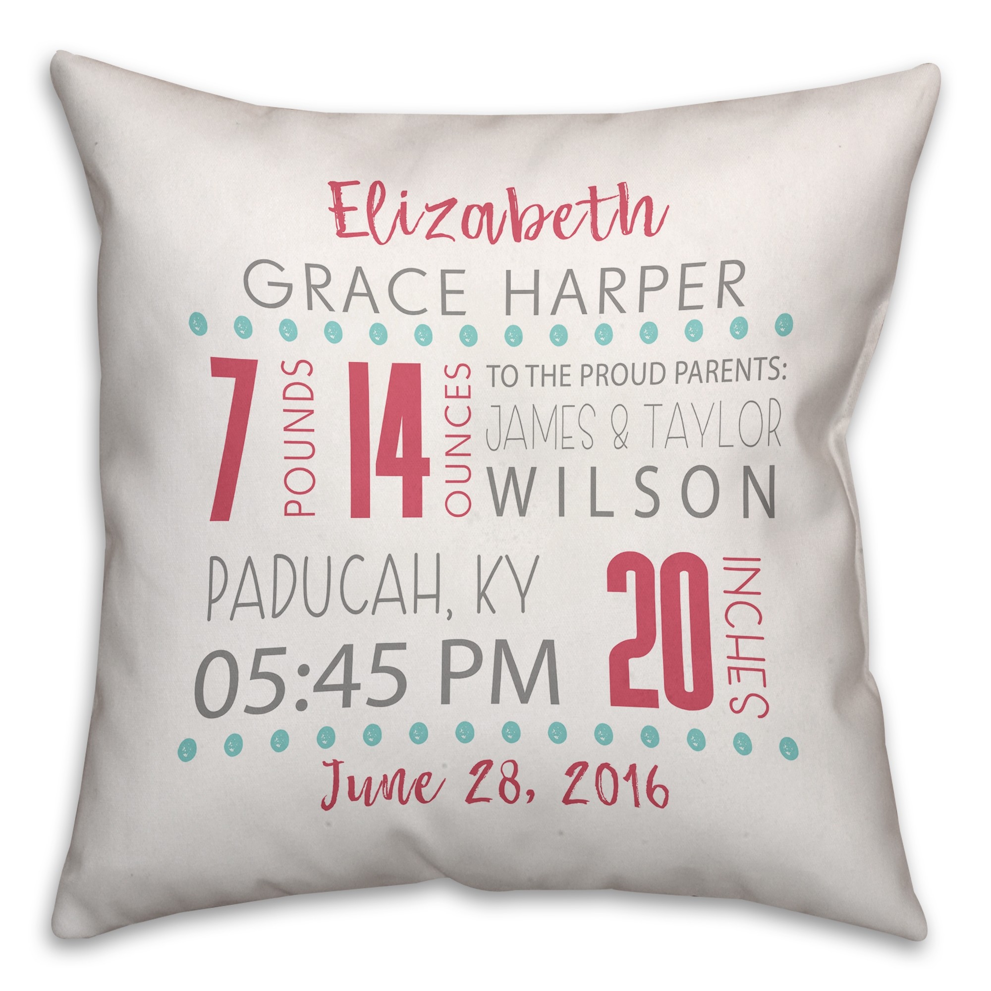 Pink Birth Announcement 16x16 Throw Pillow Front