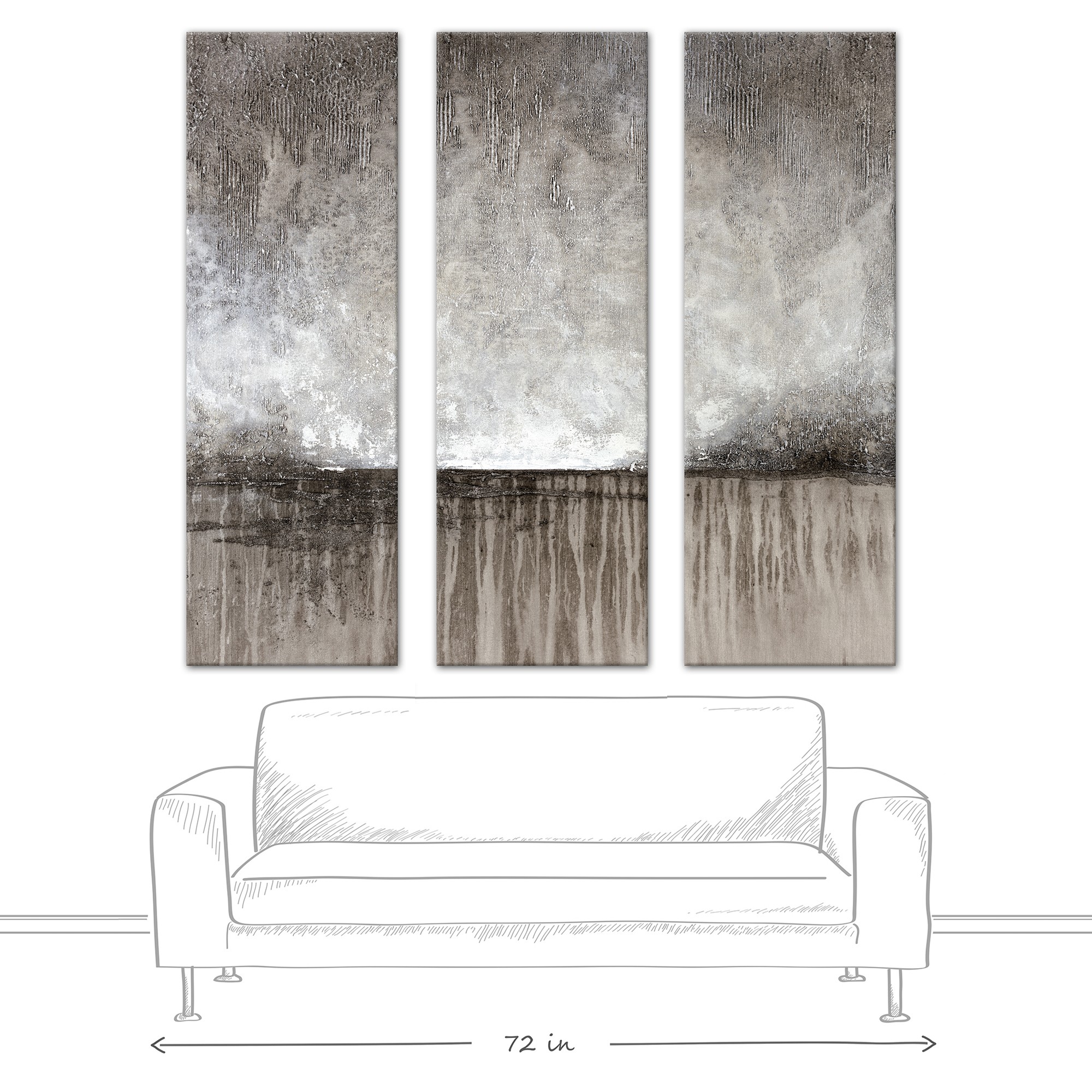 Gray Drippy Abstract 20x60 Canvas Triptych Set