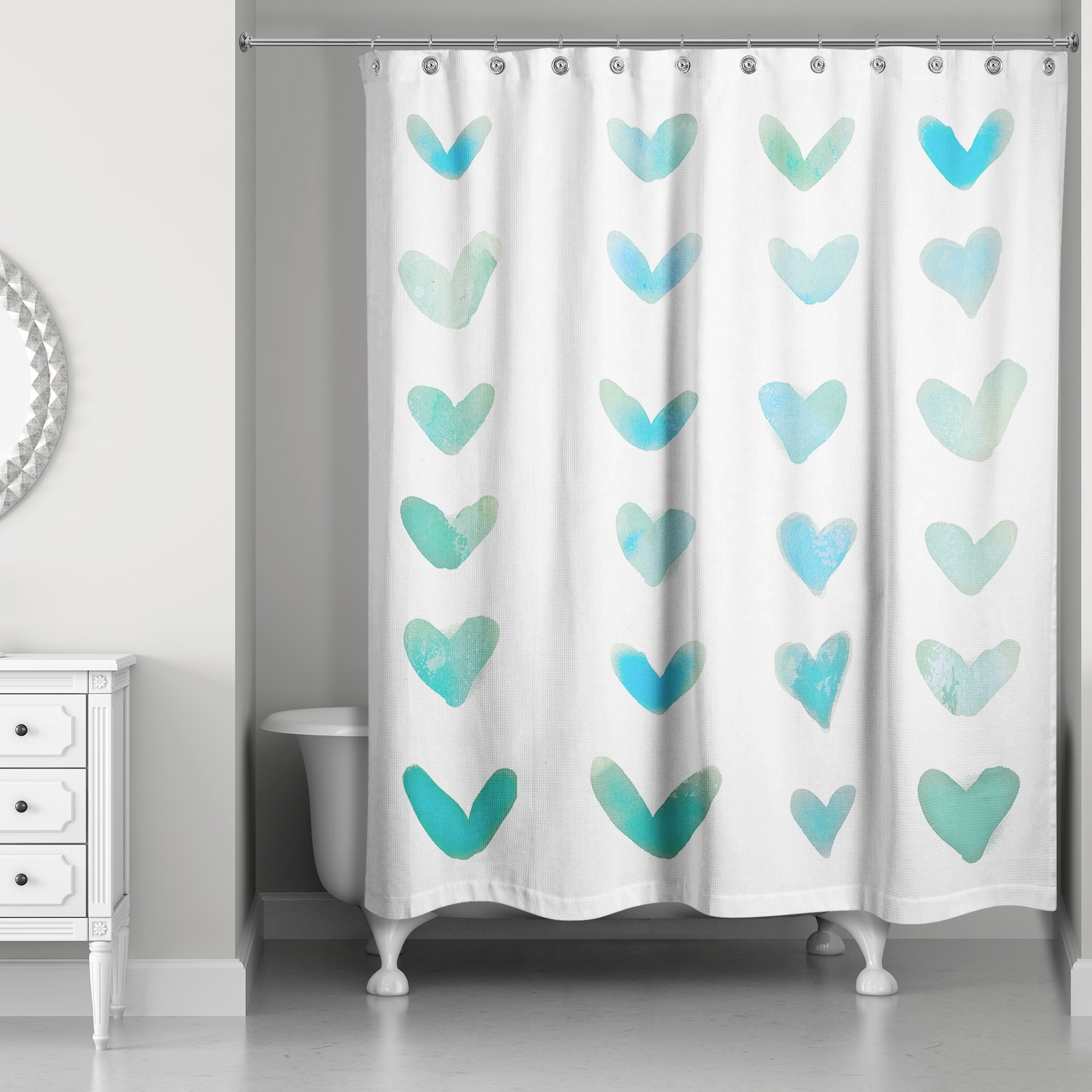 Teal Watercolor Hearts 71x74 Shower Curtain
