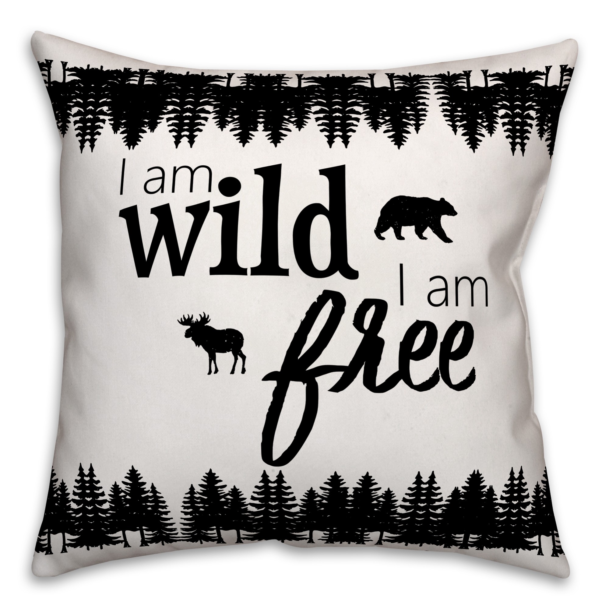 Black and White Wild and Free Forest 18x18 Faux Suede Throw Pillow