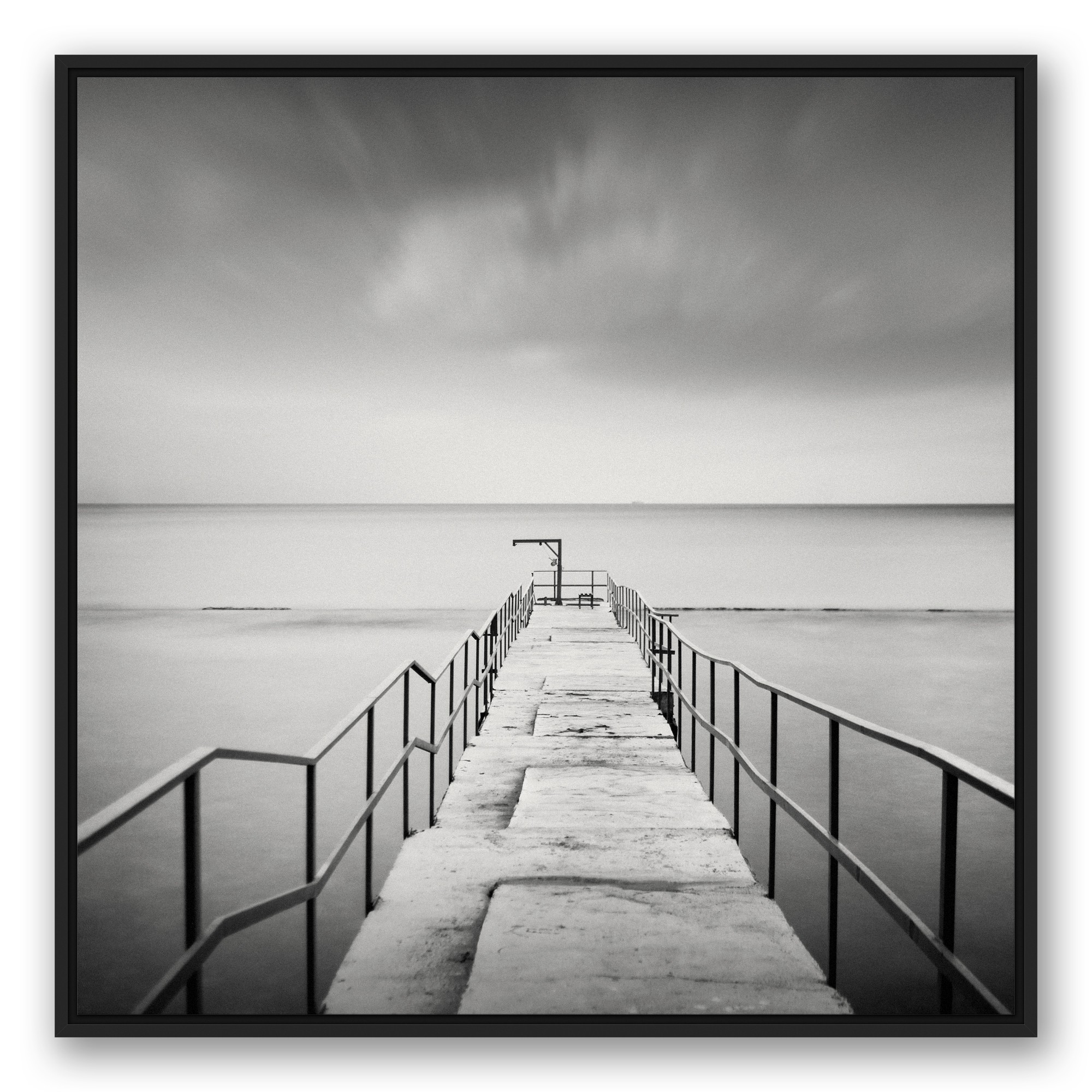 Black and White Pier 36x36 Black Floating Frame Canvas