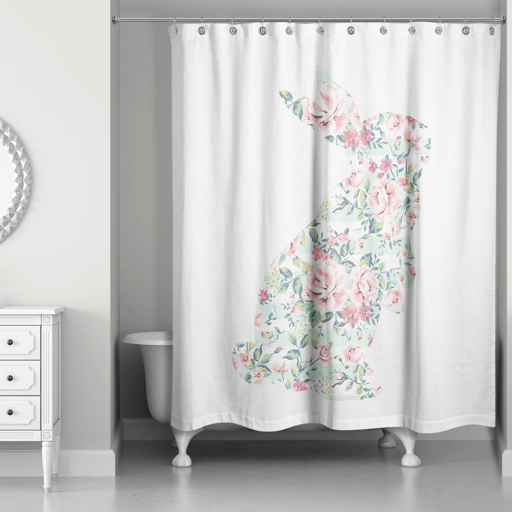 Mint Floral Curious Rabbit 71x74 Shower Curtain