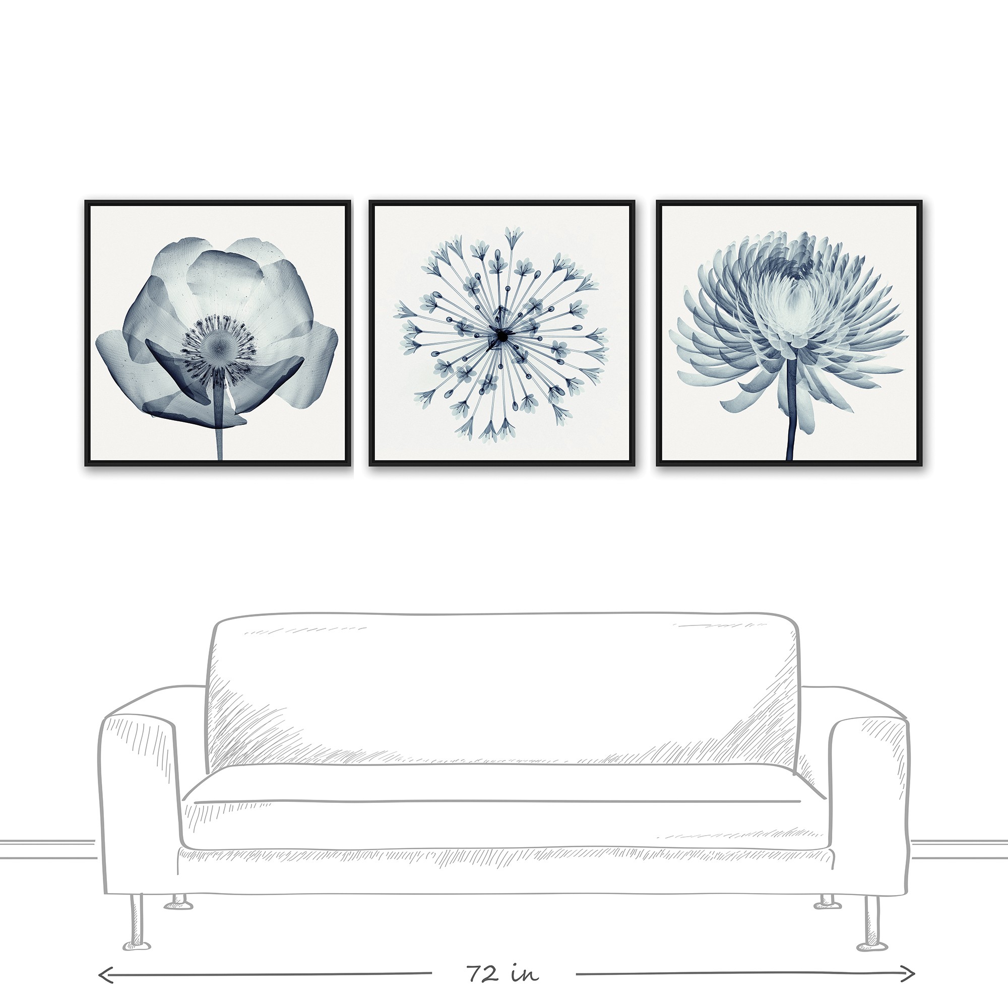 Blue X-Ray Flowers 36x36 Black Floating Frame Canvas Set