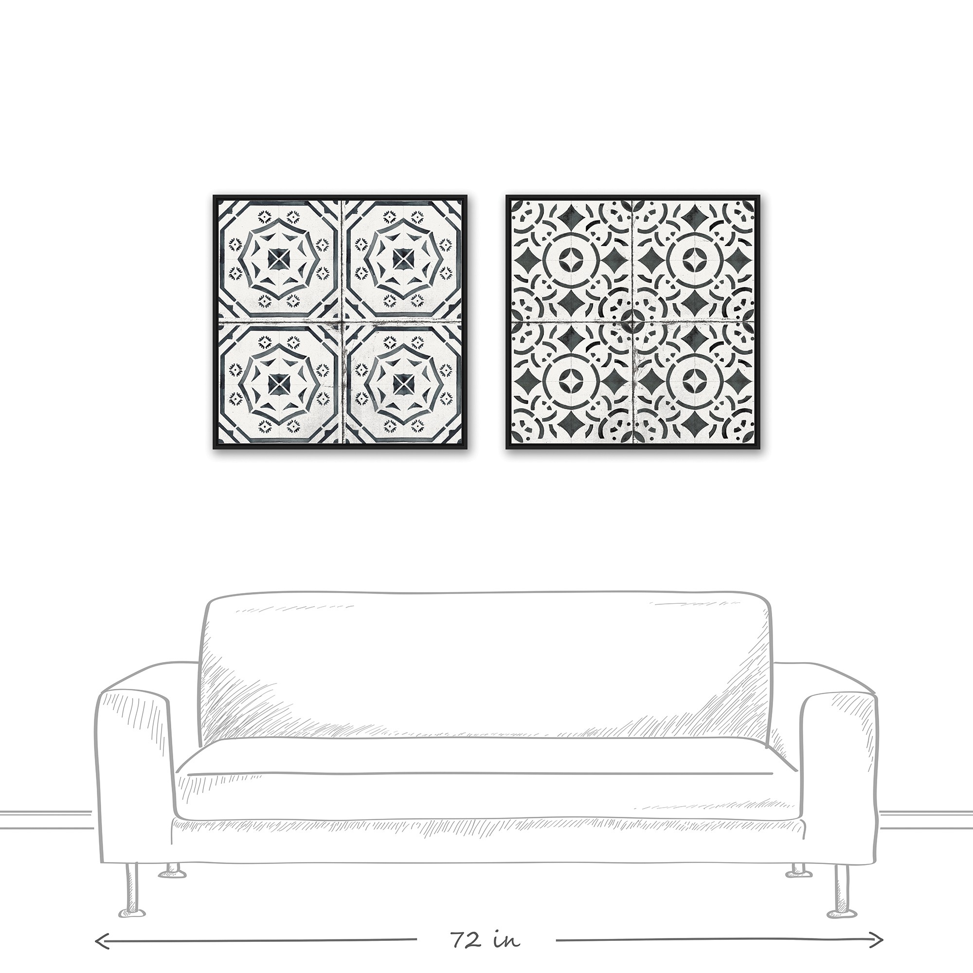 Geometric Tile 36x36 Black Floating Frame Canvas Set
