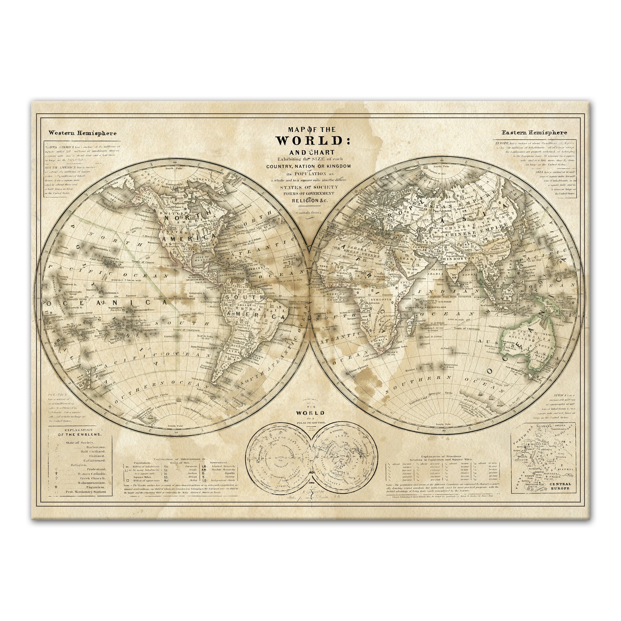 Hemispheres Vintage Map 40x30 Canvas