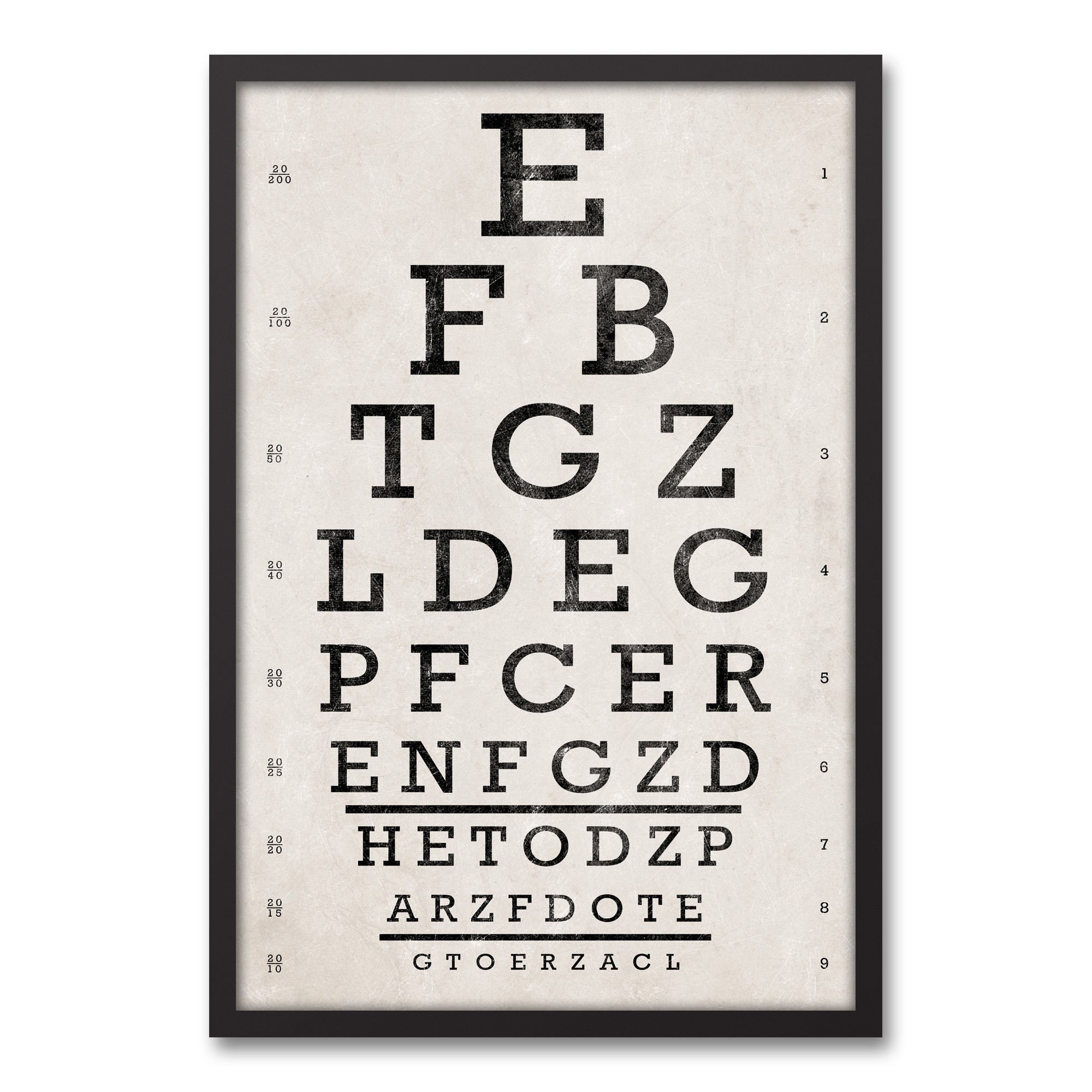 Vintage Eye Chart 20x30 Black Framed Canvas