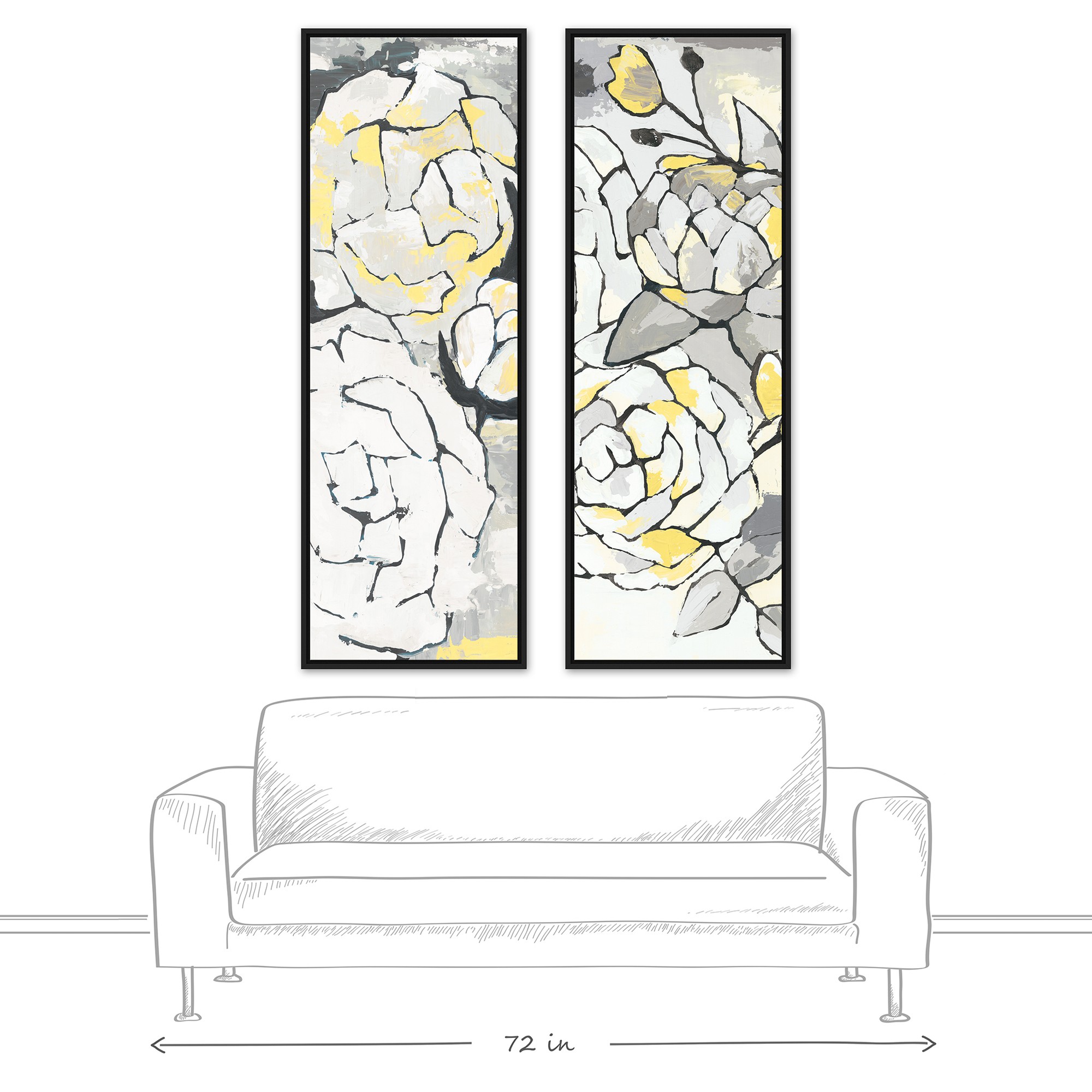 Yellow and Gray Flower Panel 20x60 Black Floating Frame Canvas Set