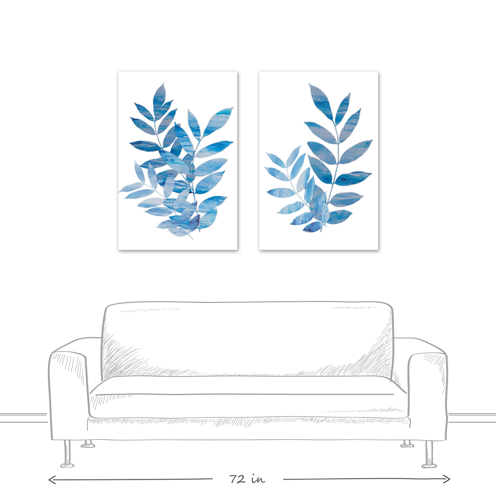 Indigo Watercolor Leaves 24x36 Canvas Set