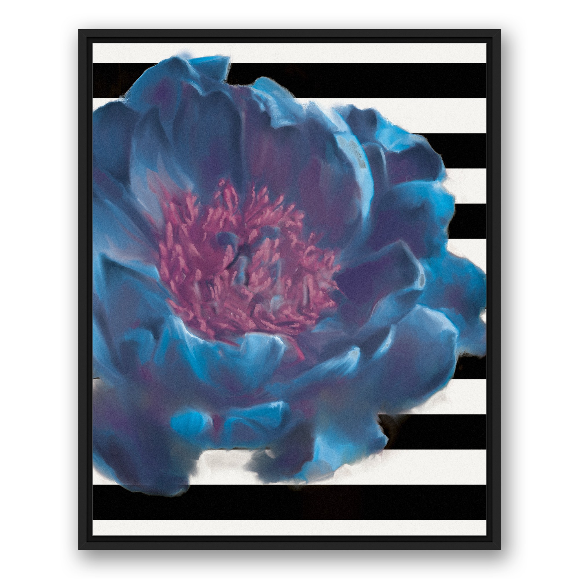 Blue Flower on Black and White Stripes II 24x30 Black Floating Framed Canvas