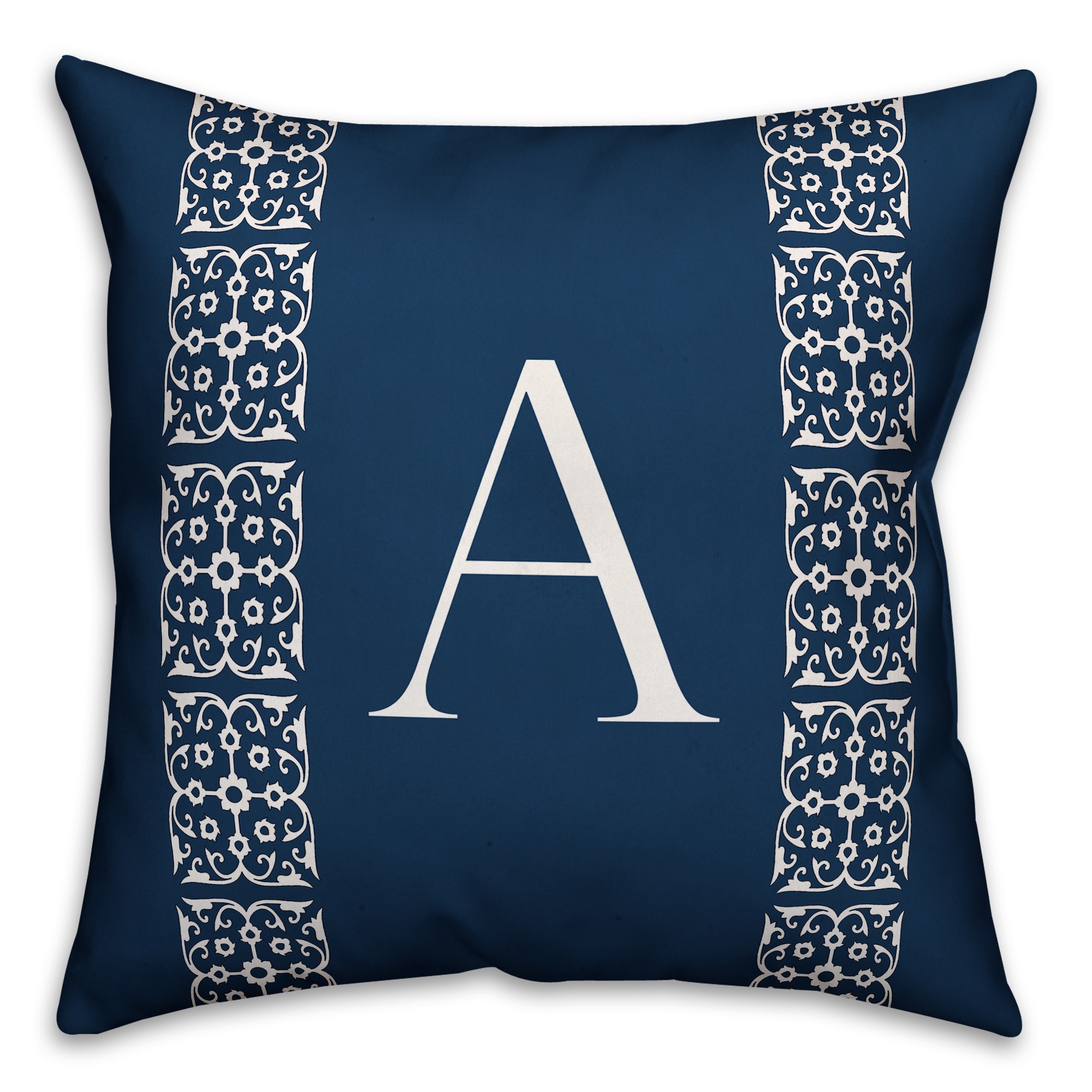 Navy with White Lace Pattern - Monogram 18x18 Spun Poly Pillow
