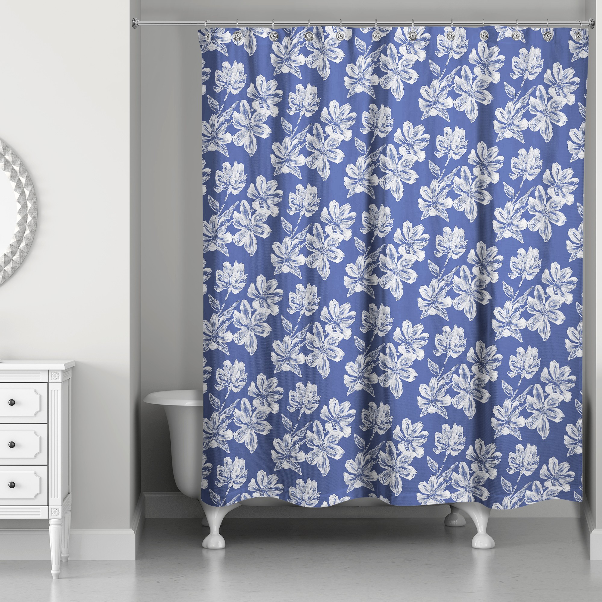 Navy Sketched Florals 71x74 Shower Curtain