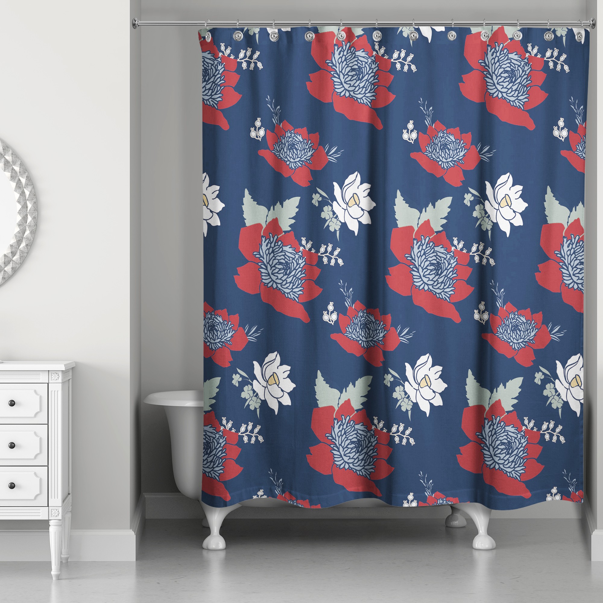 Red and White Blooms 71x74 Shower Curtain