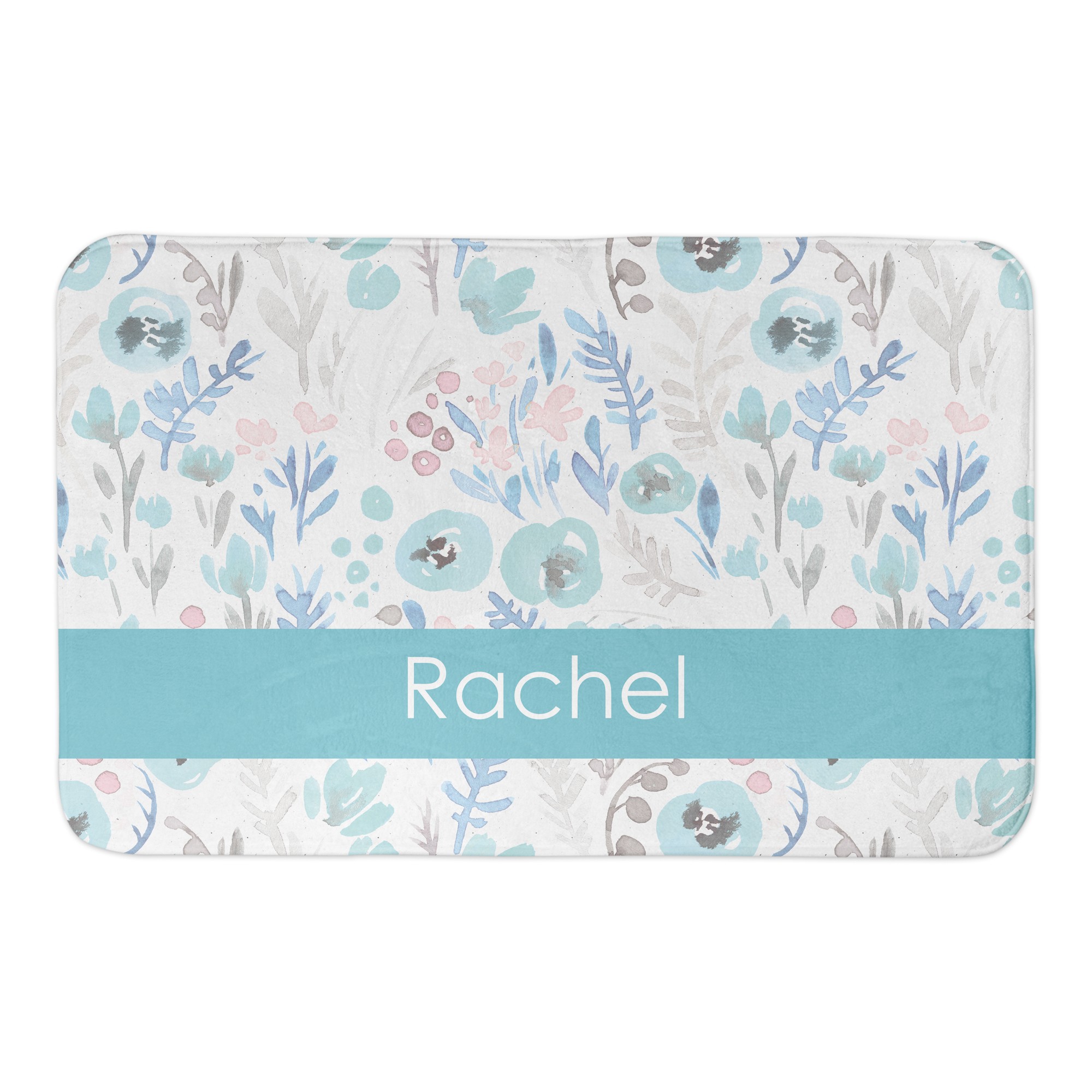 Blue Watercolor Florals 34x21 Personalized Bath Mat