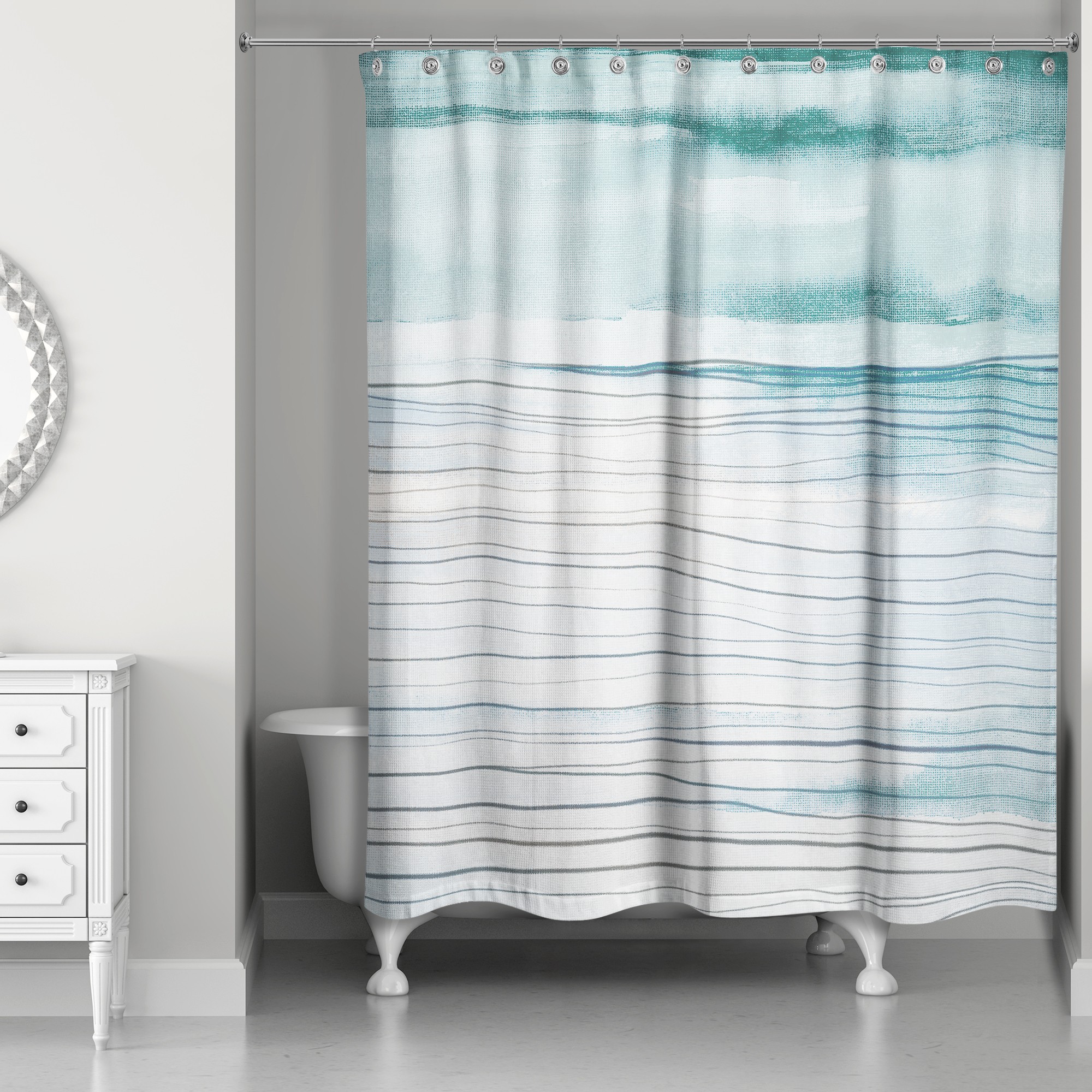 Teal Linear Waves 71x74 Shower Curtain
