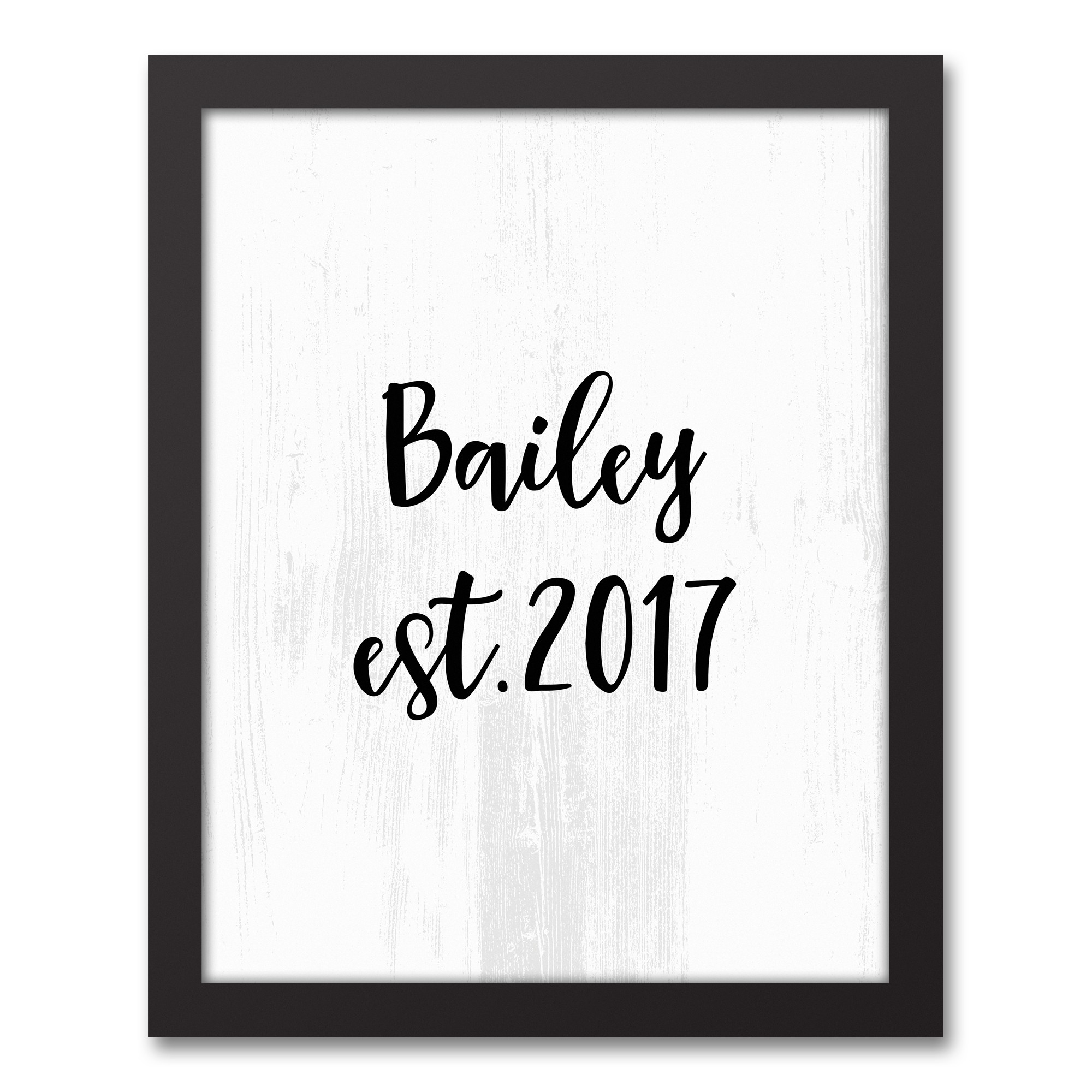 Family Name EST on Gray Wood 11x14 Personalized Black Framed Canvas