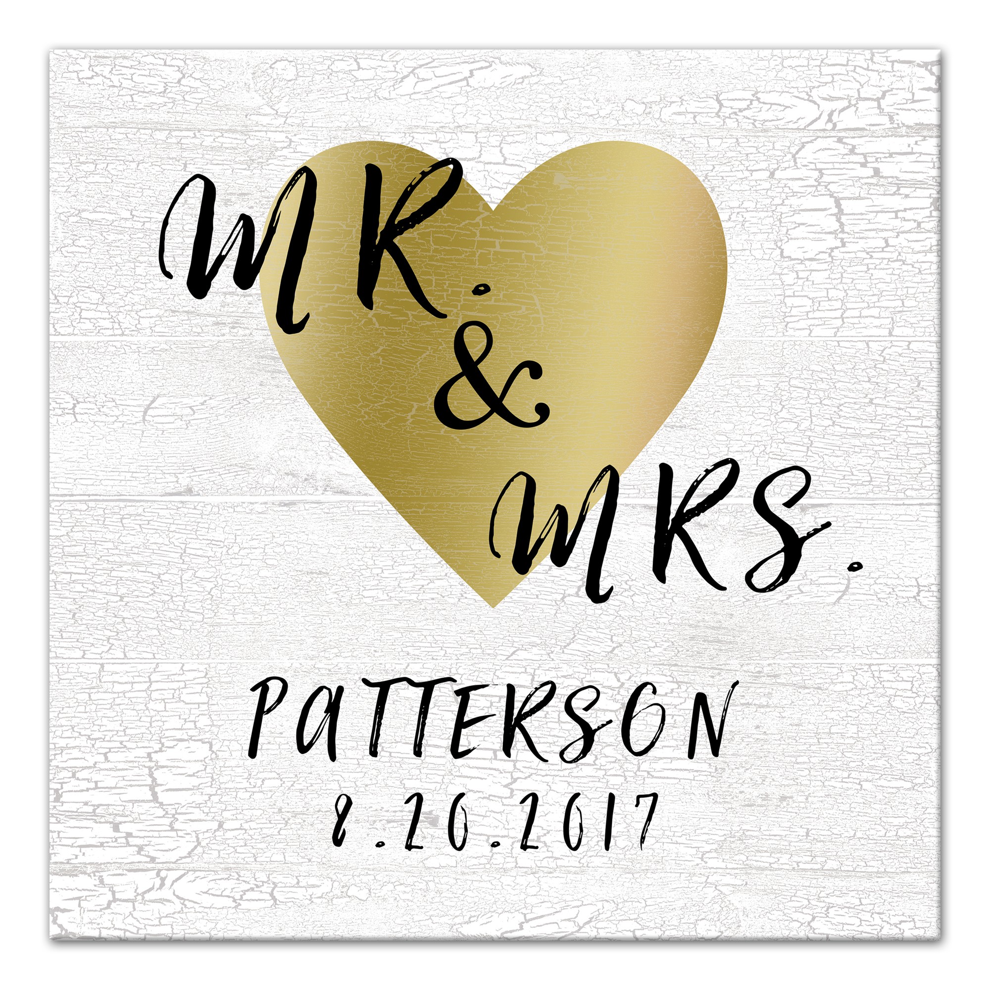 Mr. & Mrs. Gold Heart 16x16 Personalized Canvas Wall Art