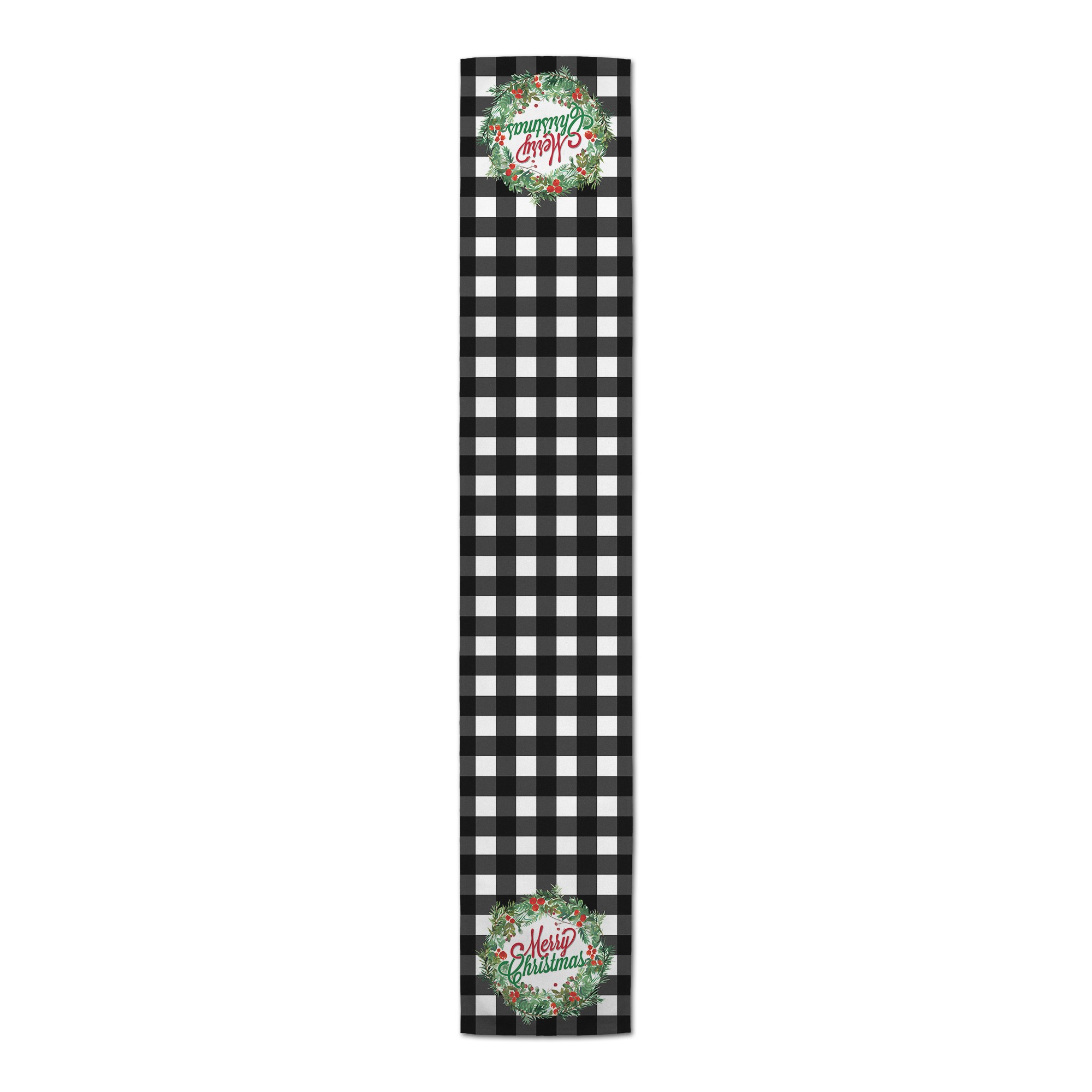 Merry Christmas Wreath Black Buffalo Check Runner