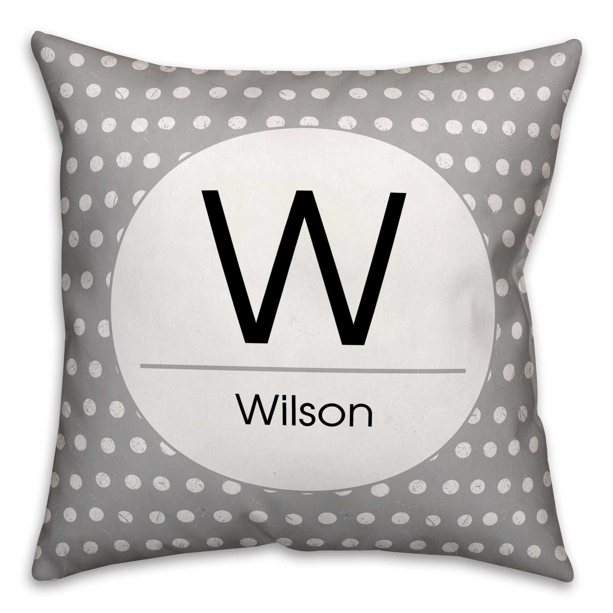 Monogram Family Name Gray Polka Dot 18x18 Personalized Spun Poly Pillow