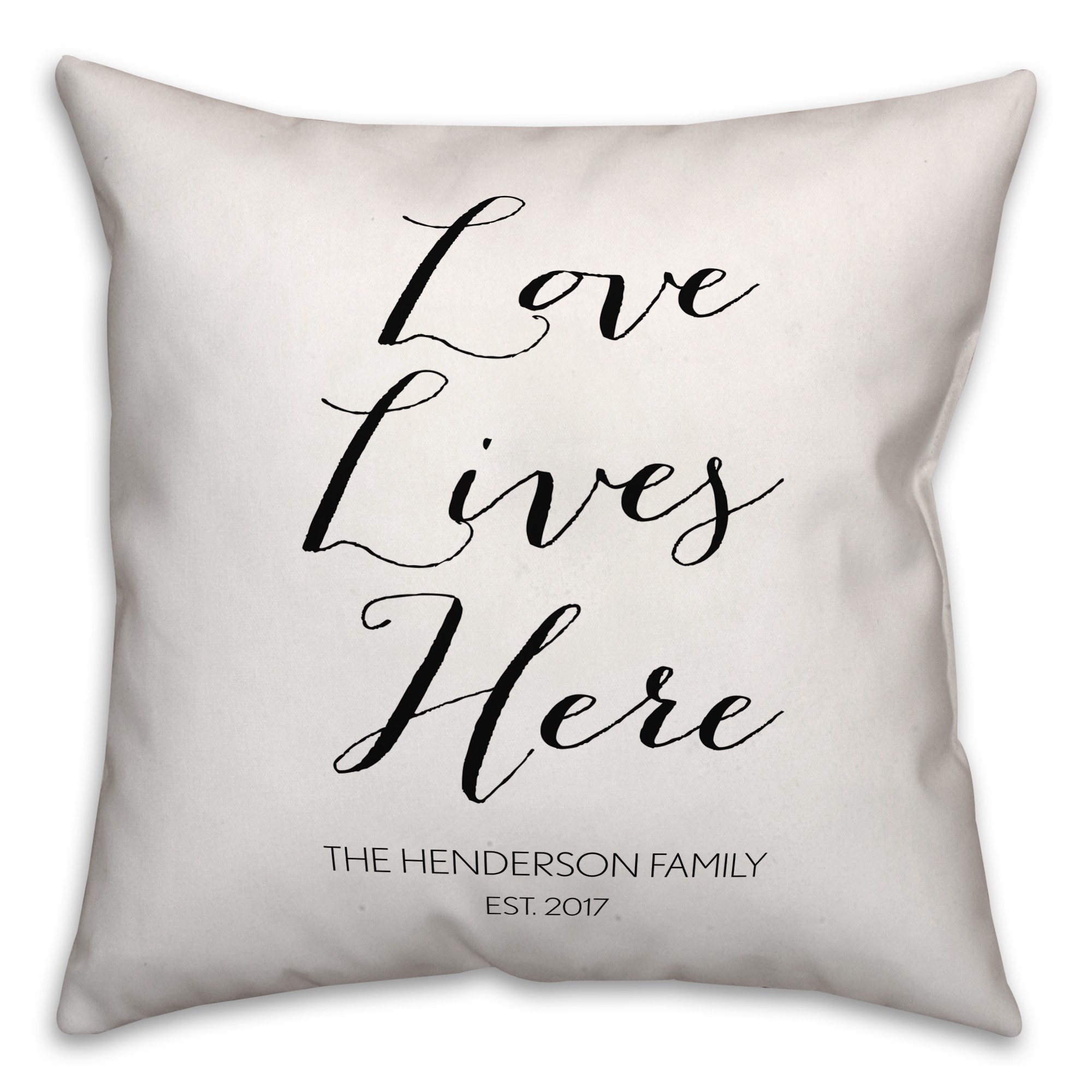 Love Lives Here Script Family Name 18x18 Personalized Spun Poly Pillow