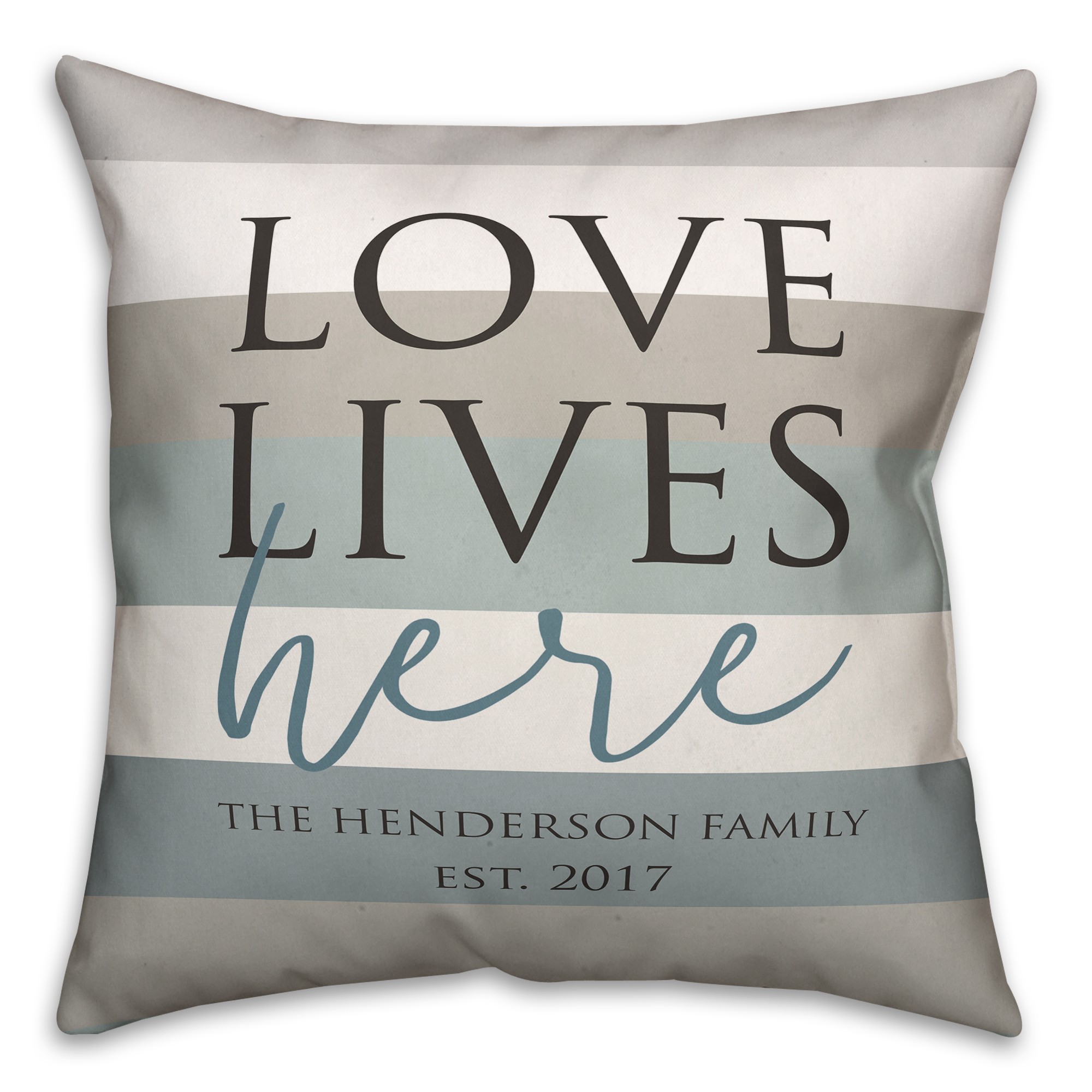 Love Lives Here Striped Family Name 18x18 Personalized Spun Poly Pillow