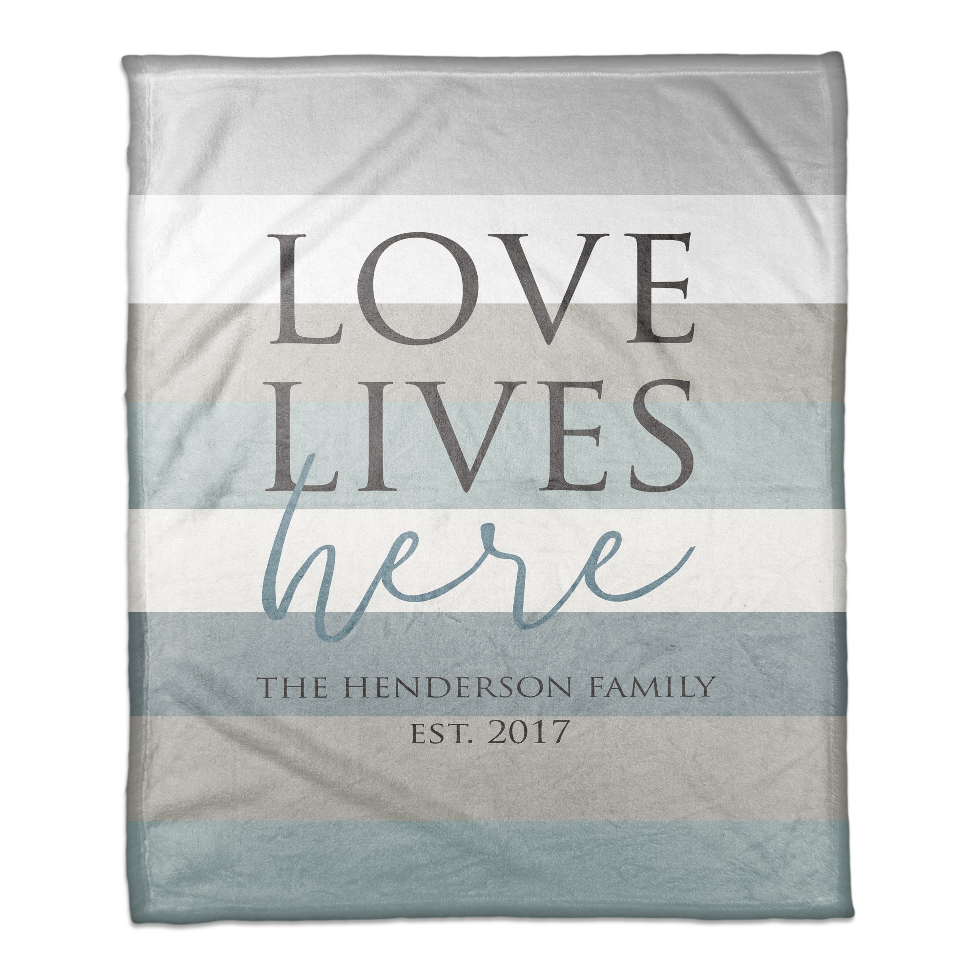 Love Lives Here Striped Family Name 50x60 Personalized Coral Fleece Blanket