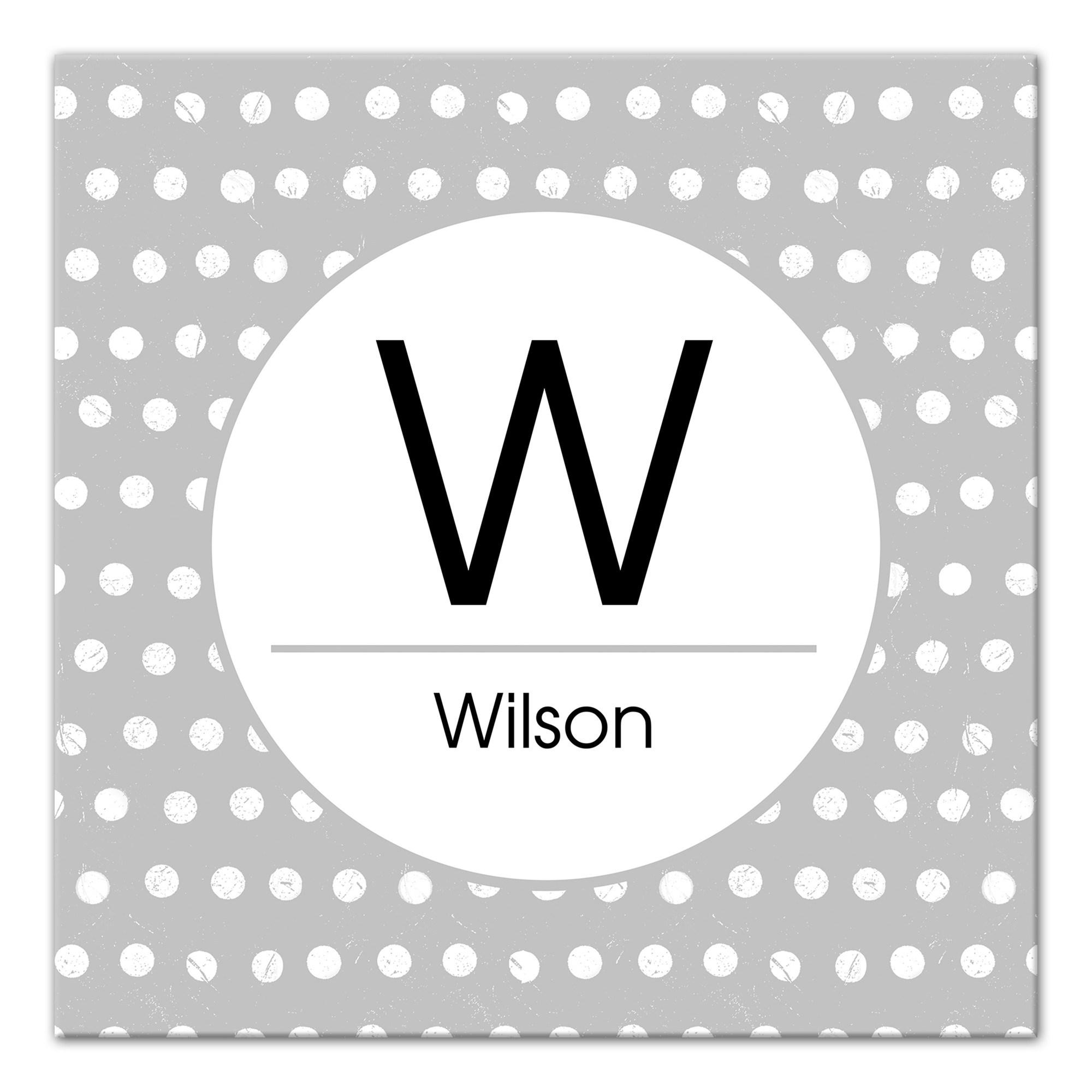 Monogram Family Name Gray Polka Dot 12x12 Personalized Canvas Wall Art