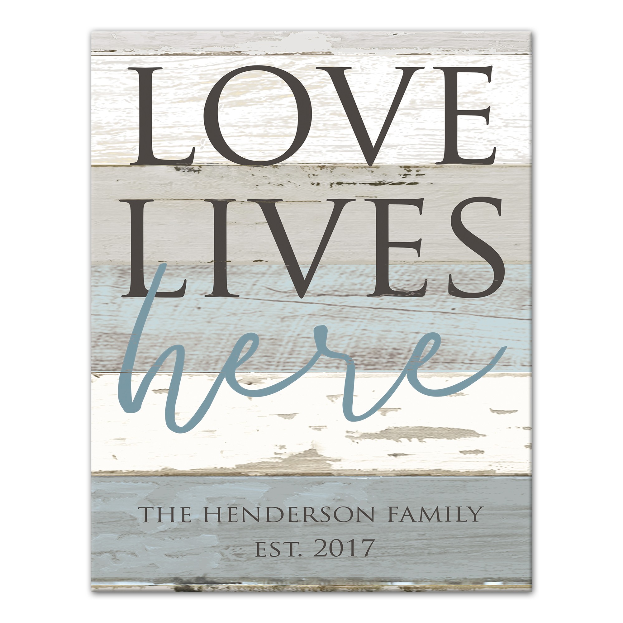 Love Lives Here Faux Pallet Wood Family Name 11x14 Personalized Canvas Wall Art