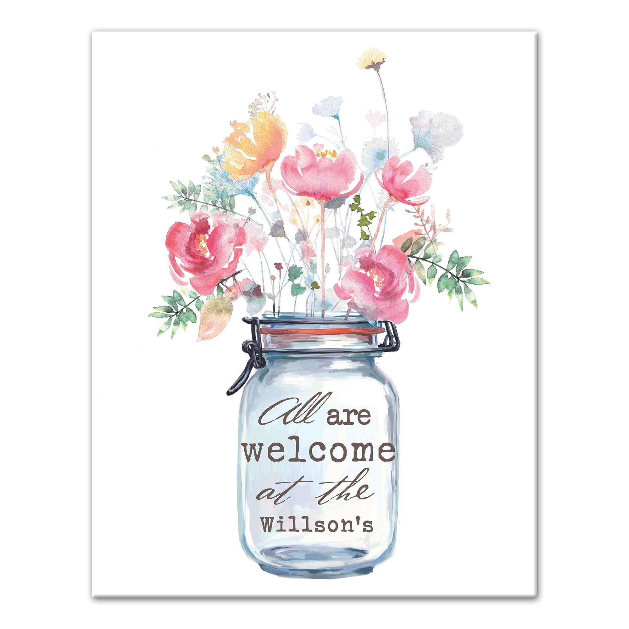 Flowers in a Mason Jar Family Name 11x14 Personalized Canvas Wall Art