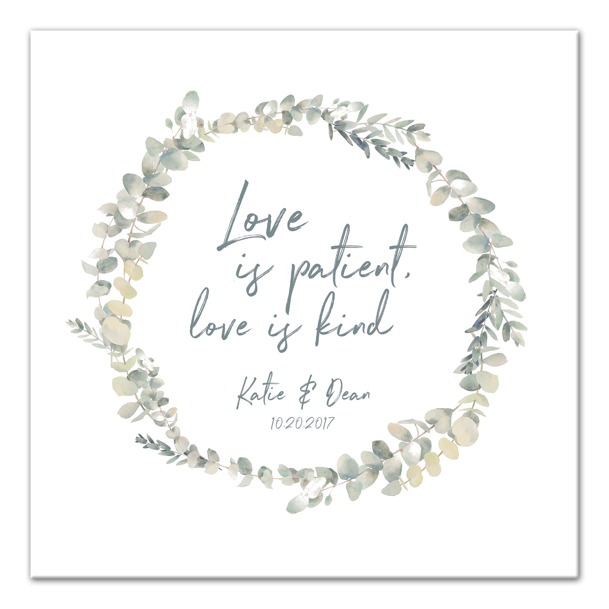 Personalized Name and Date Love is Patient Wreath Canvas Print