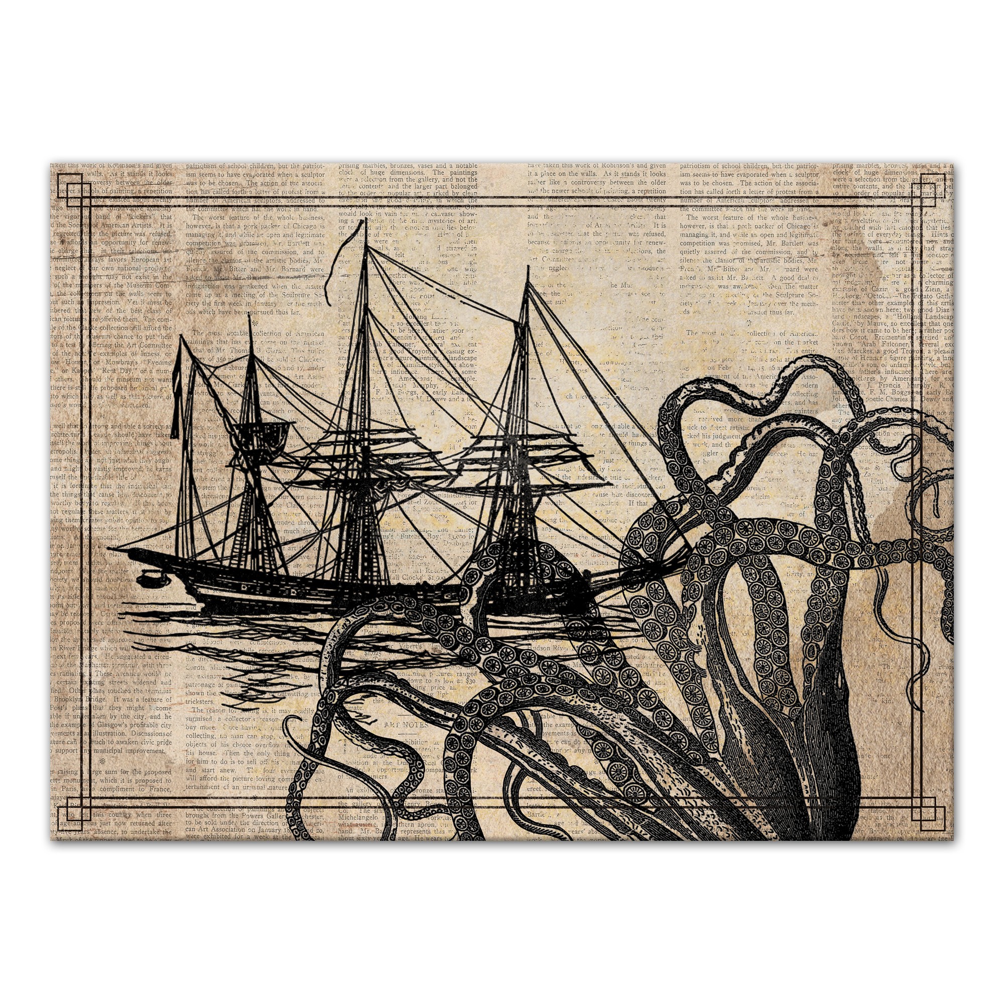 Vintage Boat Octopus Fight 18x24 Canvas Wall Art
