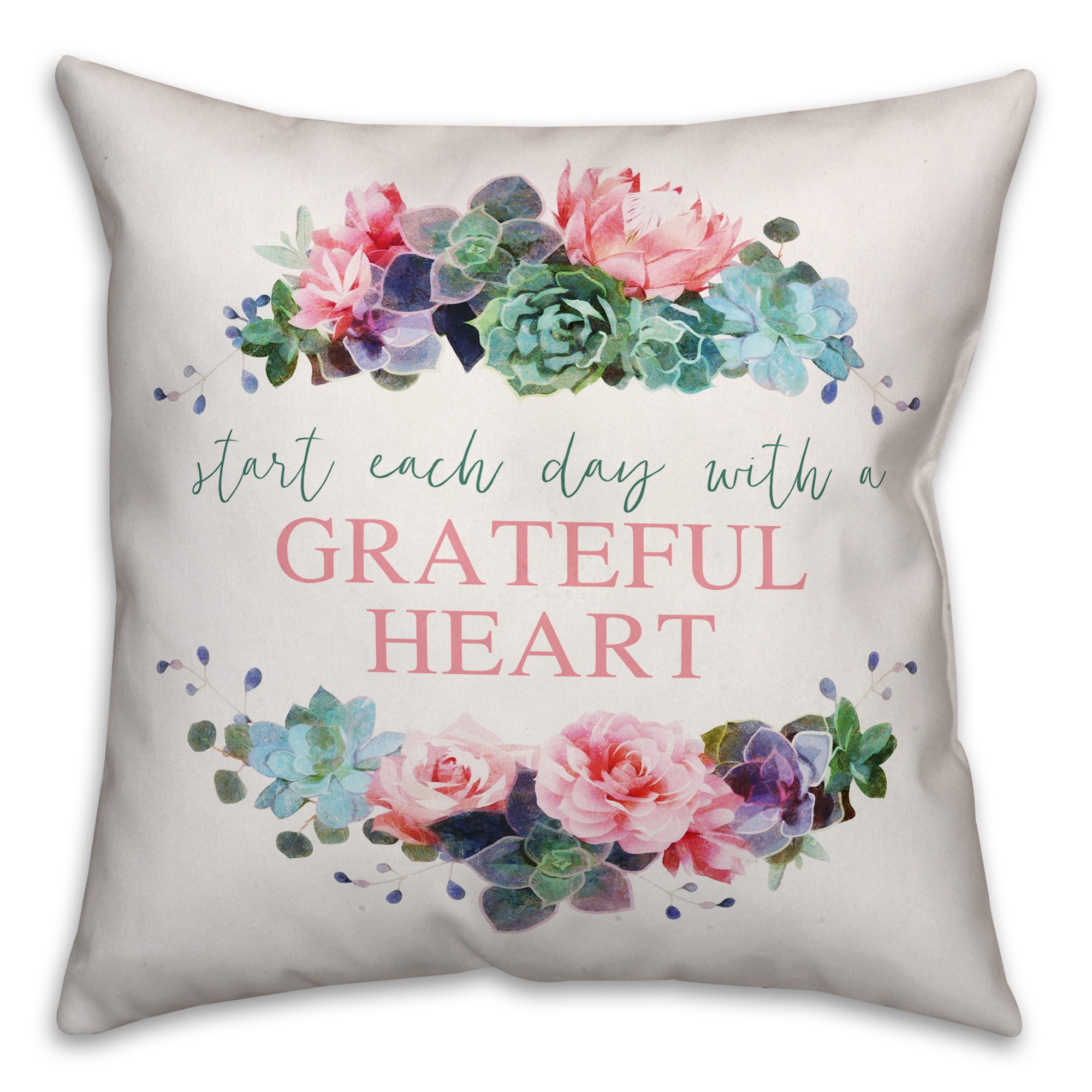 Grateful Heart Succulent Wreath 18x18 Spun Poly Pillow