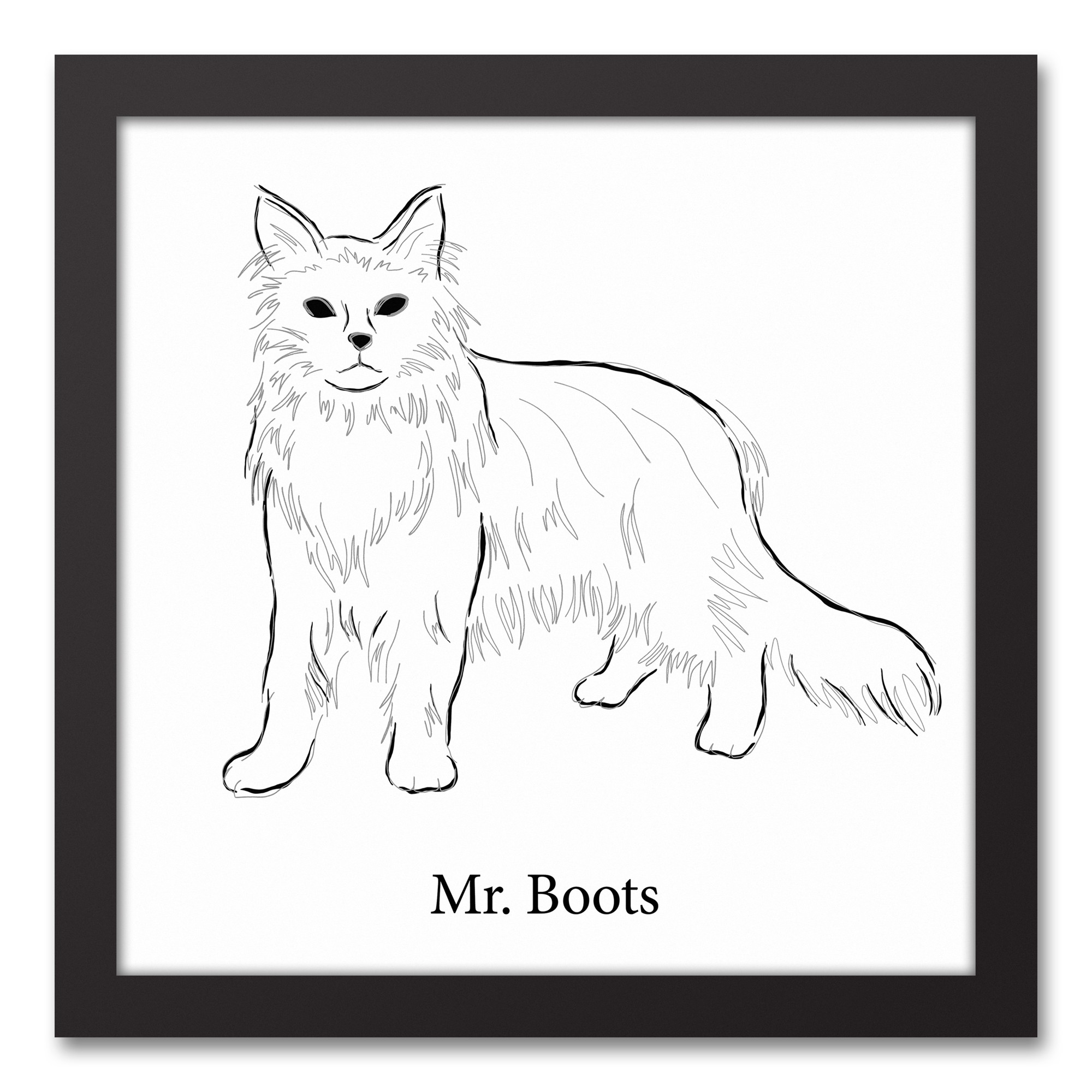 Long Hair Cat Sketch 12x12 Personalized Black Framed Canvas