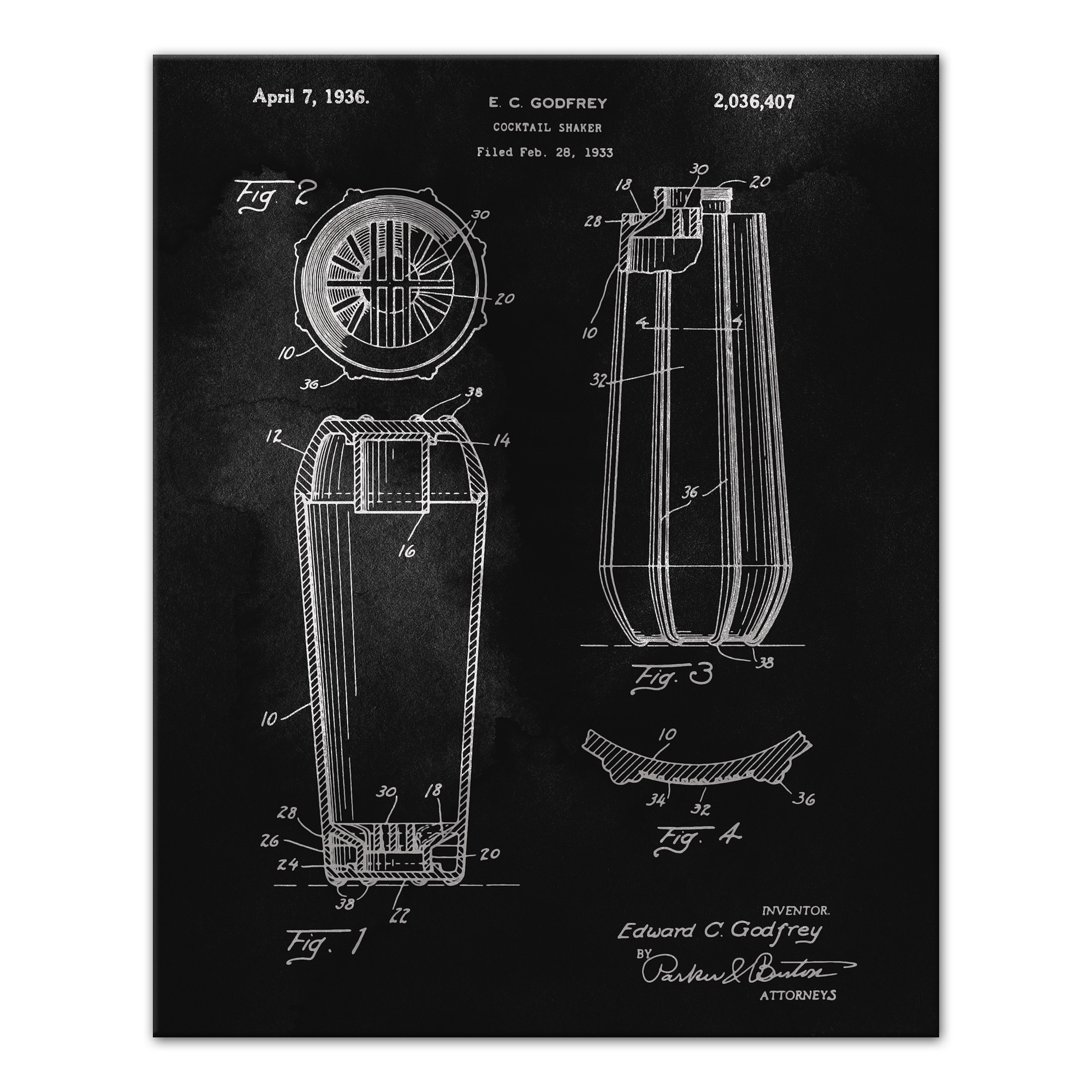Cocktail Shaker Patent 16x20 Canvas Wall Art