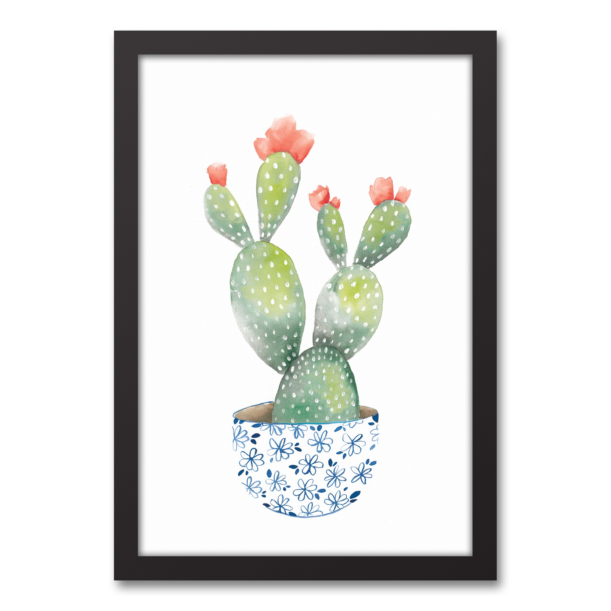 Blue Potted Cactus 12x18 Black Framed Canvas