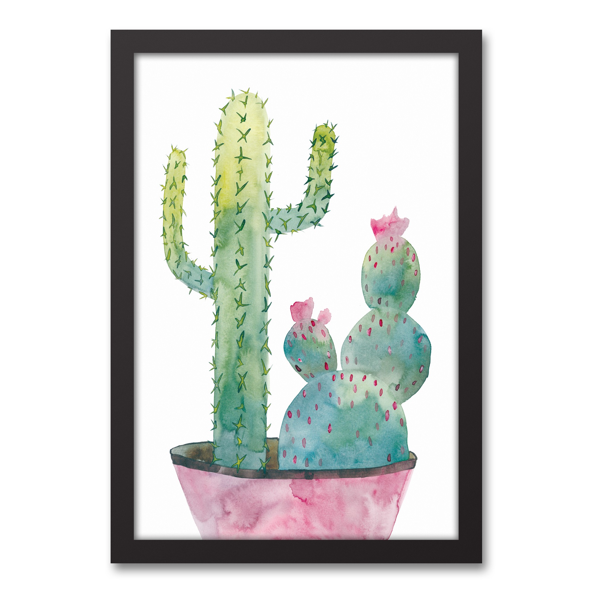 Pink Potted Cactus 12x18 Black Framed Canvas