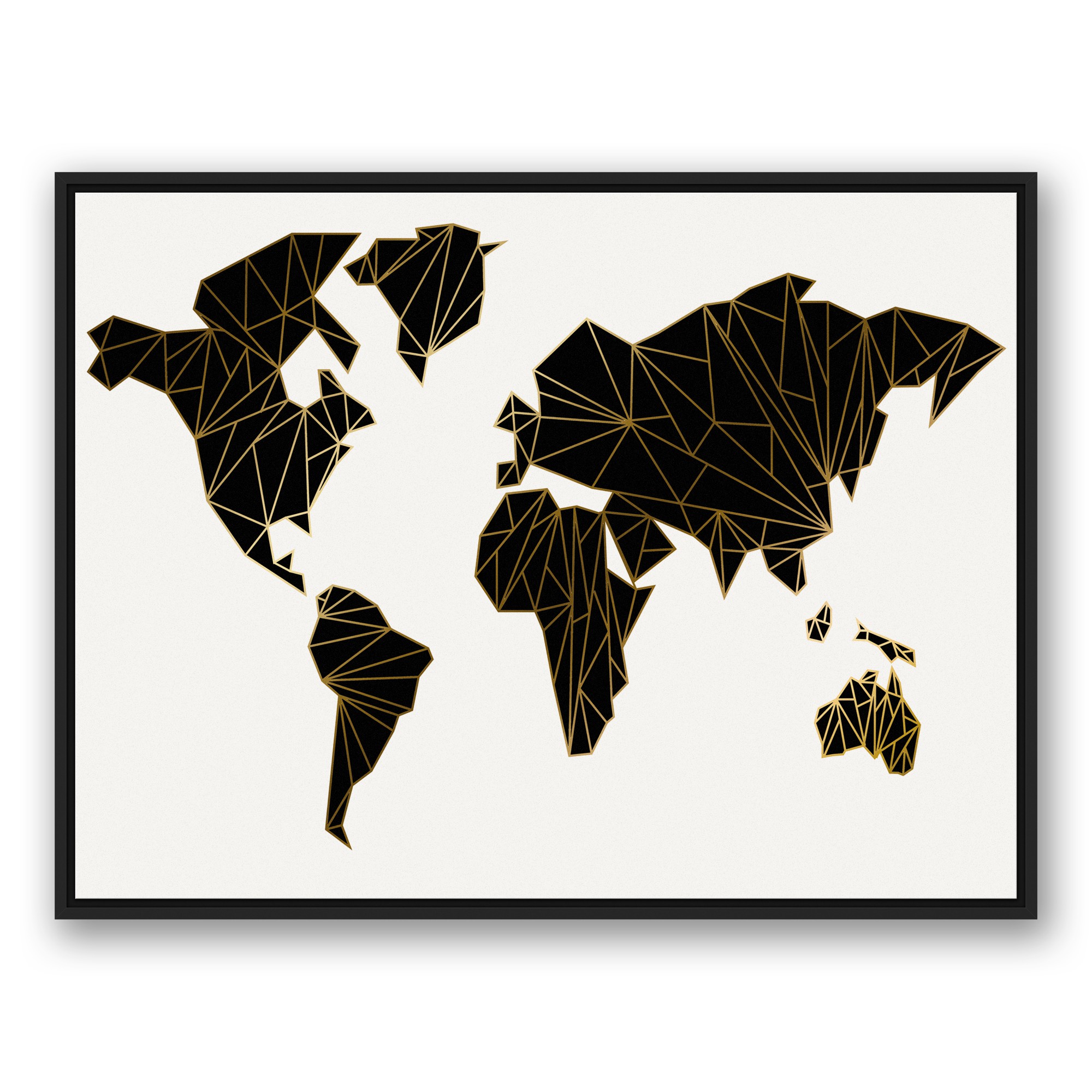 Geometric World Map 30x40 Black Floating Framed Canvas