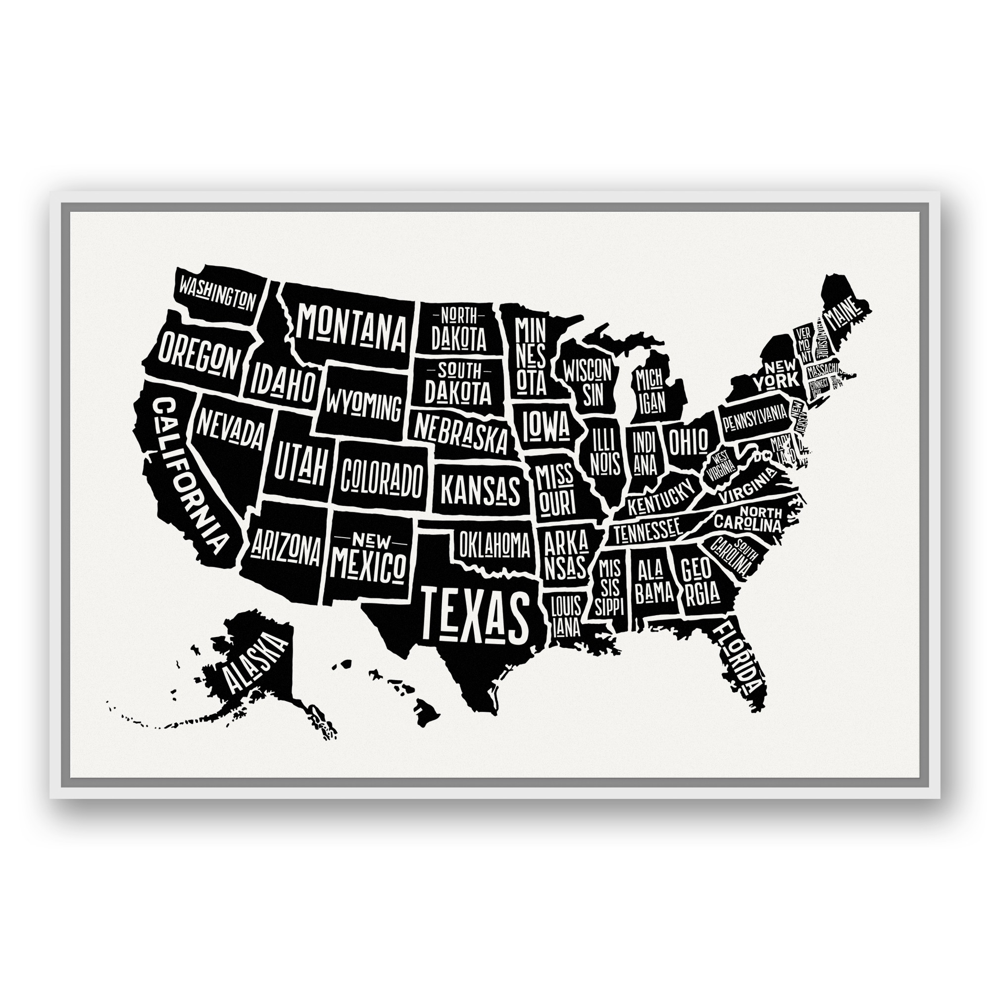 Simple United States Map 24x36 White Floating Framed Canvas
