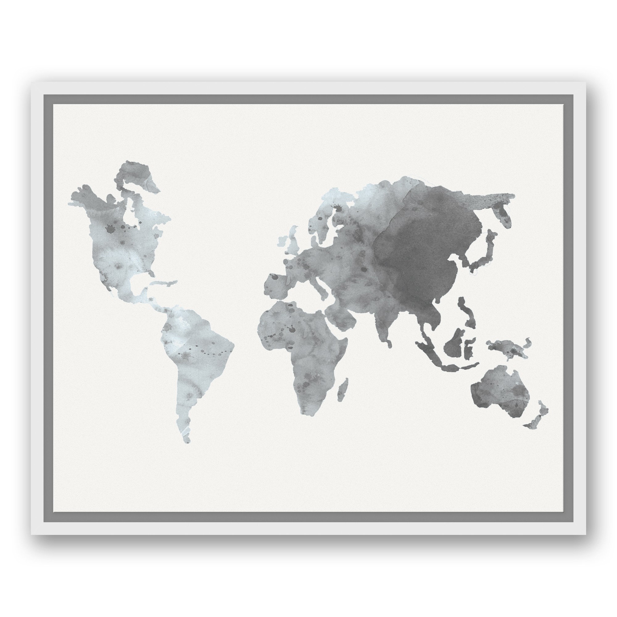 Gray Watercolor World Map 16x20 White Floating Framed Canvas