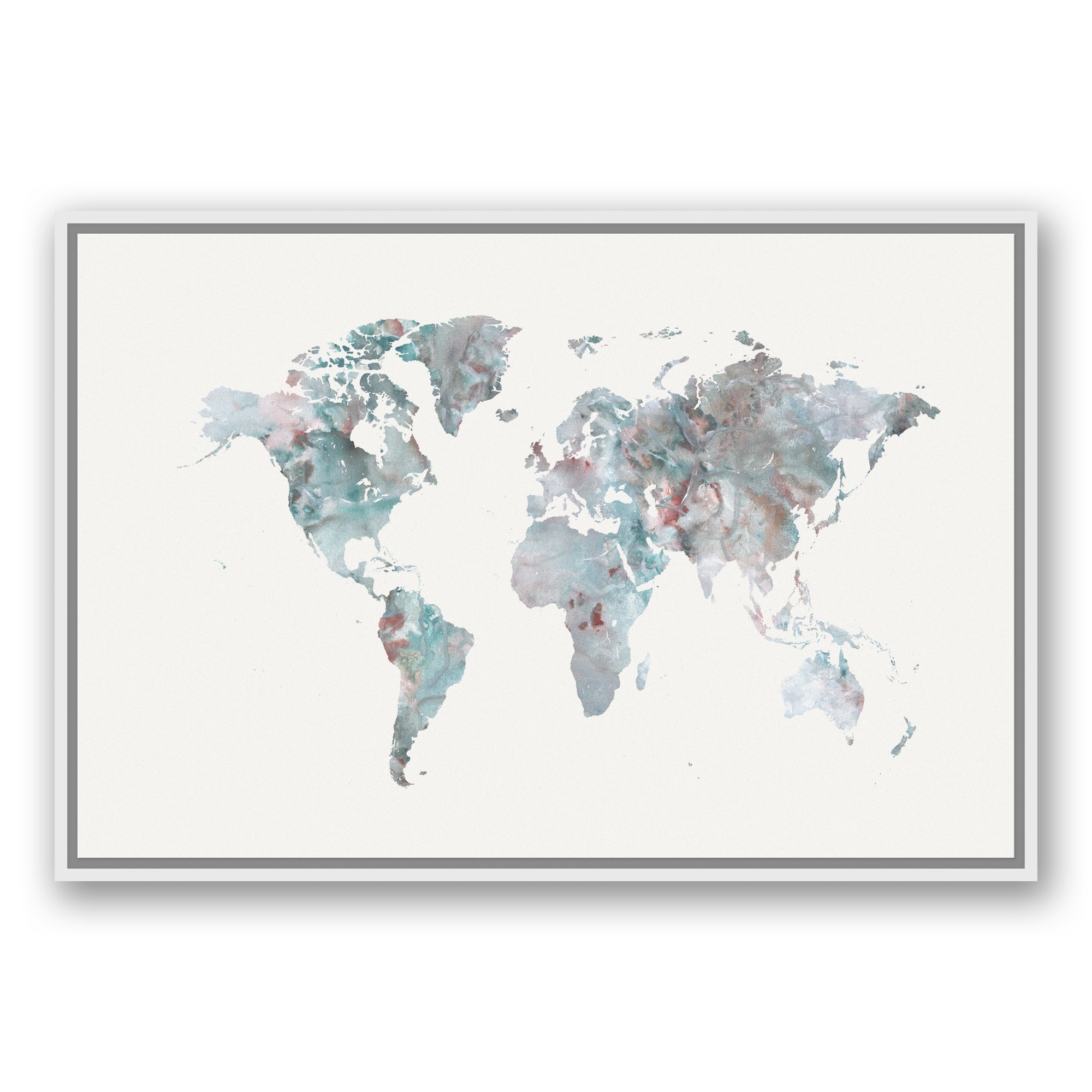 Greige World Map 24x36 White Floating Framed Canvas