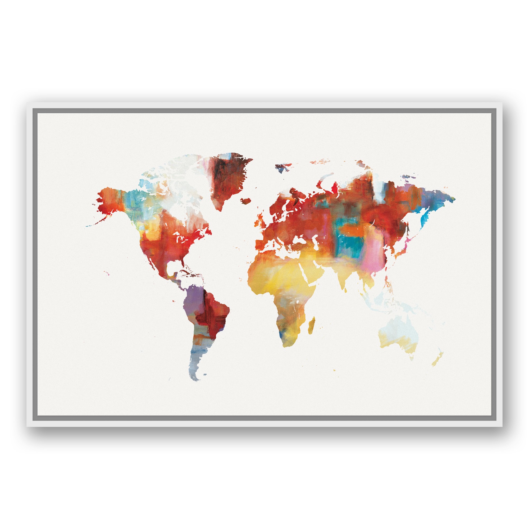 Colorful World Map 24x36 White Floating Framed Canvas