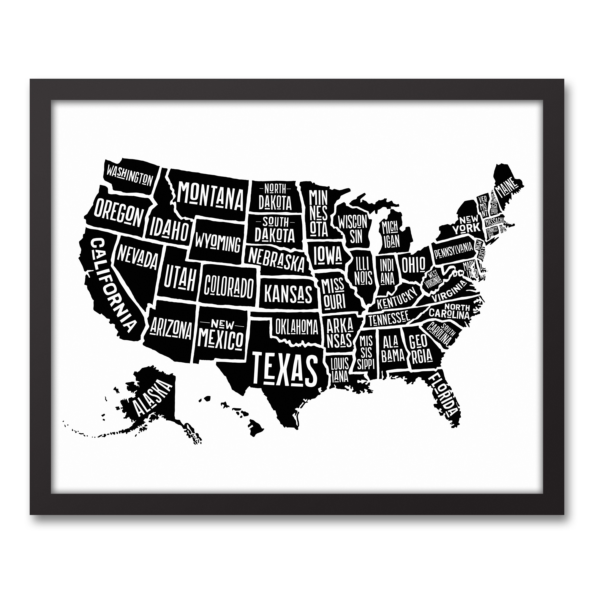 Simple US Map 16x20 Black Framed Canvas