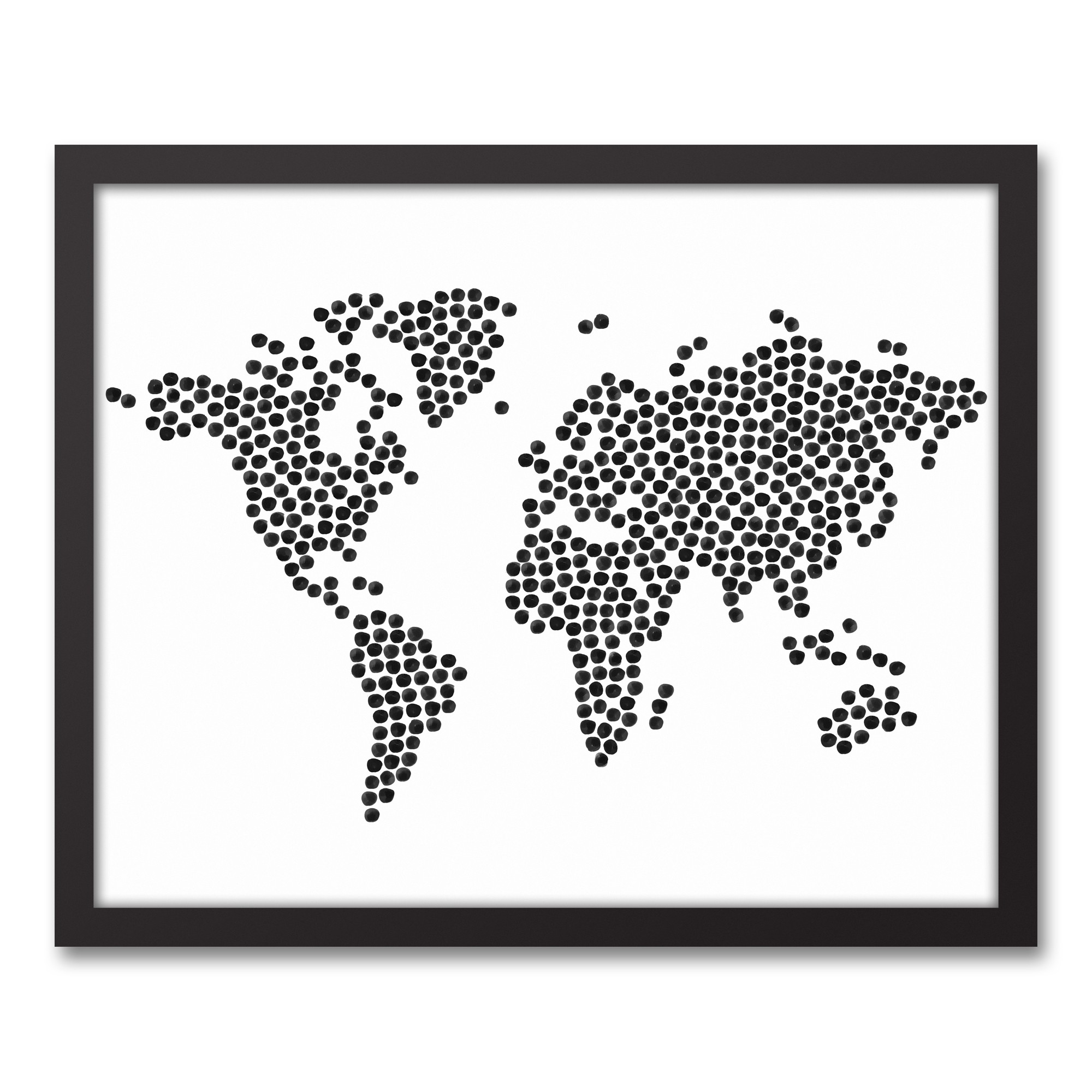 Black Dots World Map 16x20 Black Framed Canvas