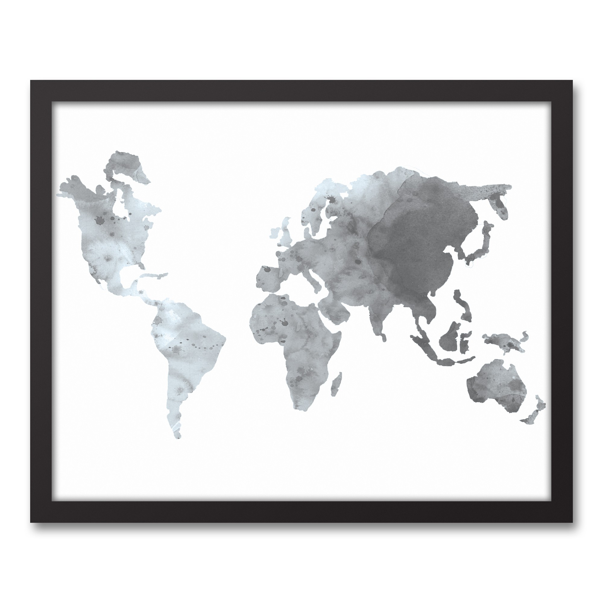 Gray World Map 16x20 Black Framed Canvas