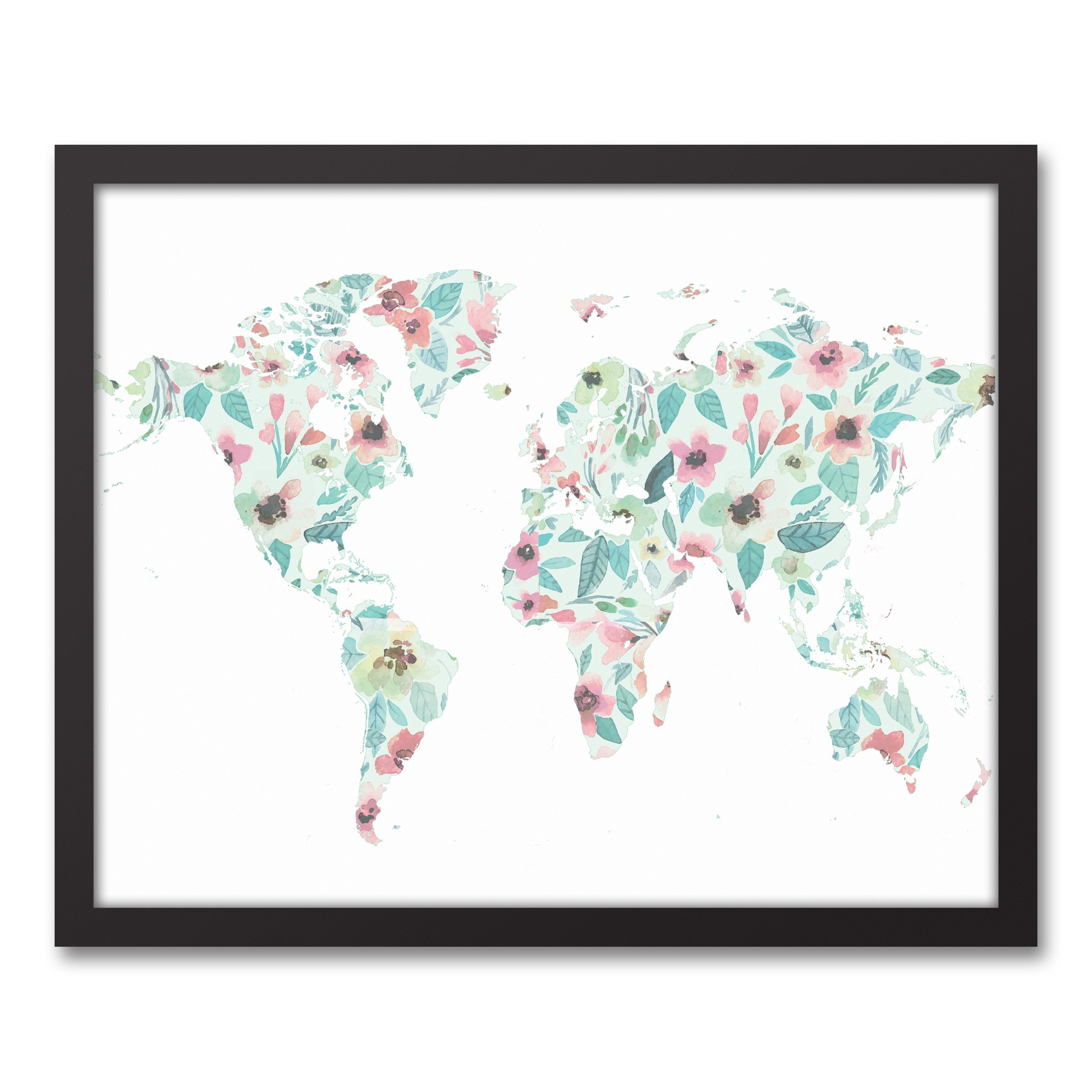 Floral World Map 16x20 Black Framed Canvas