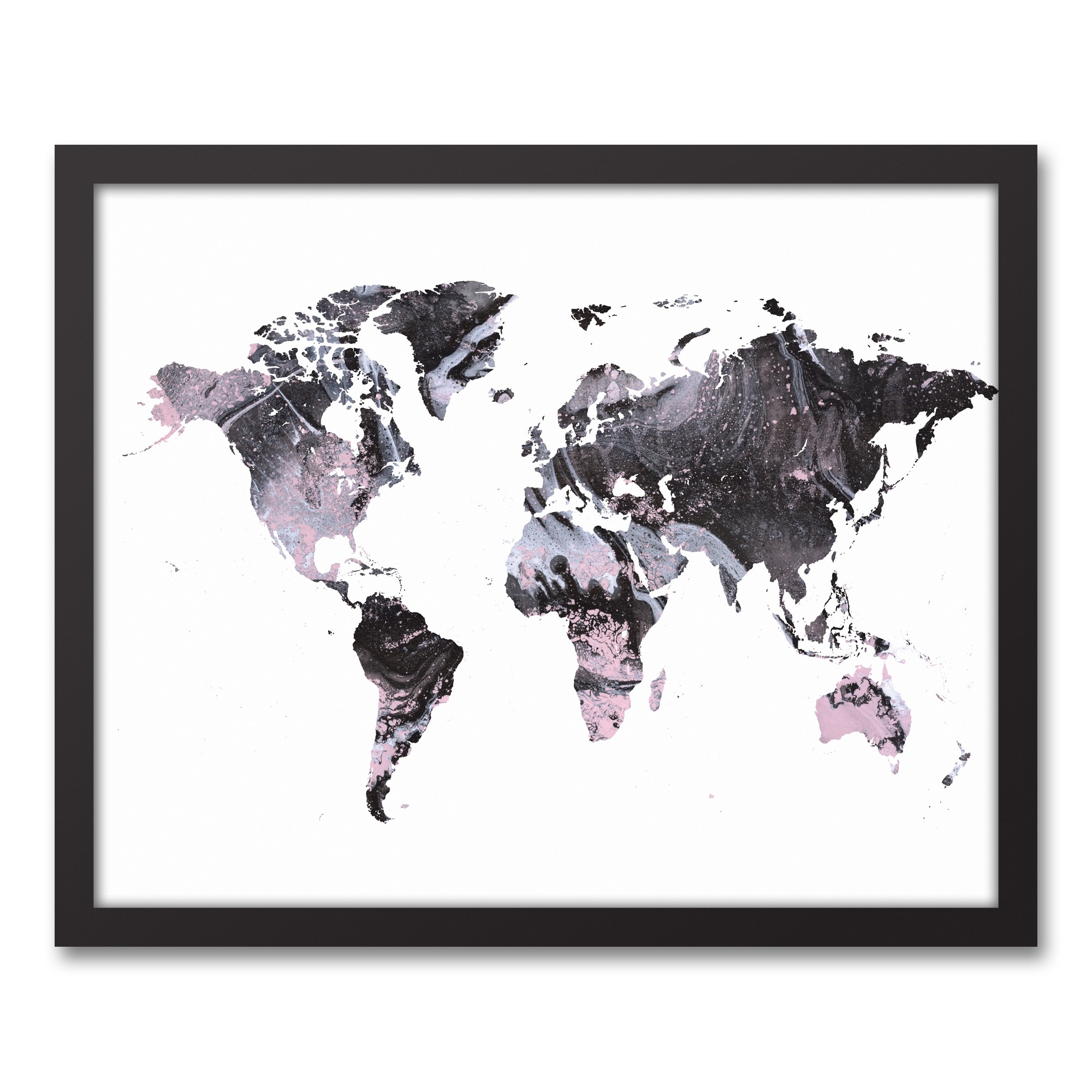 Gray World Map 16x20 Black Framed Canvas