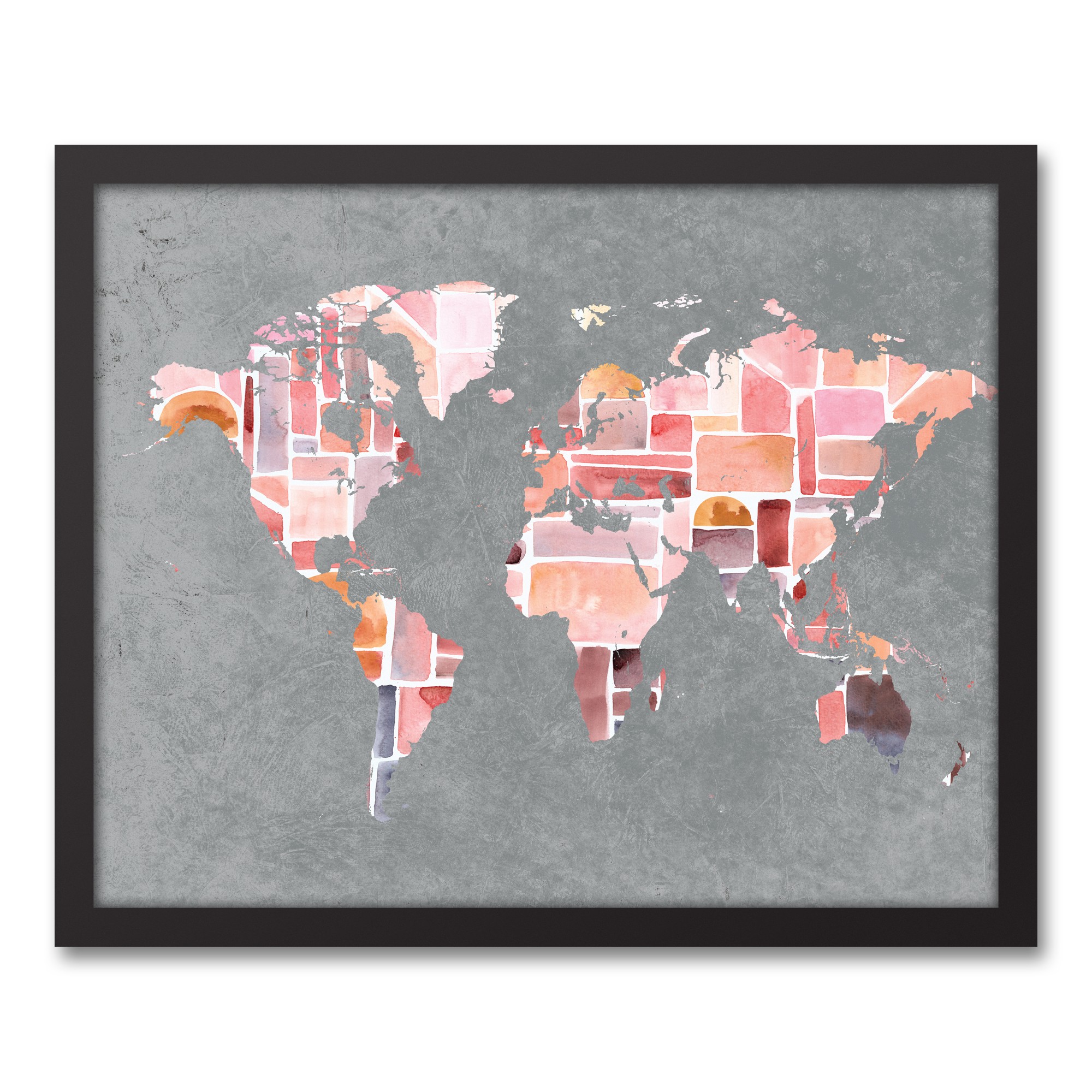 Pink on Gray World Map  16x20 Black Framed Canvas