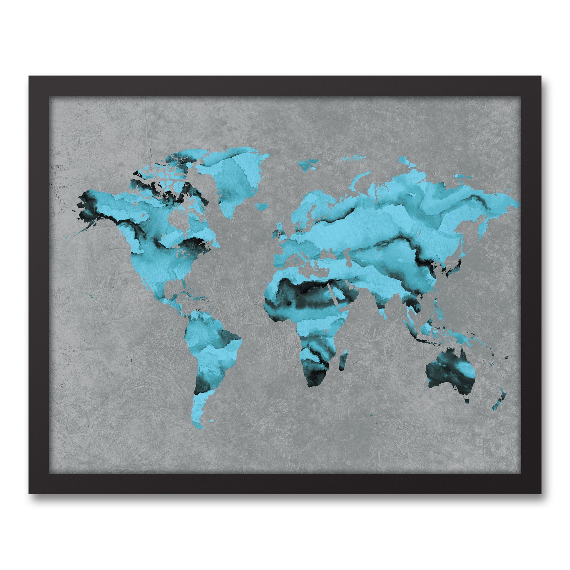 Blue on Gray World Map 16x20 Black Framed Canvas